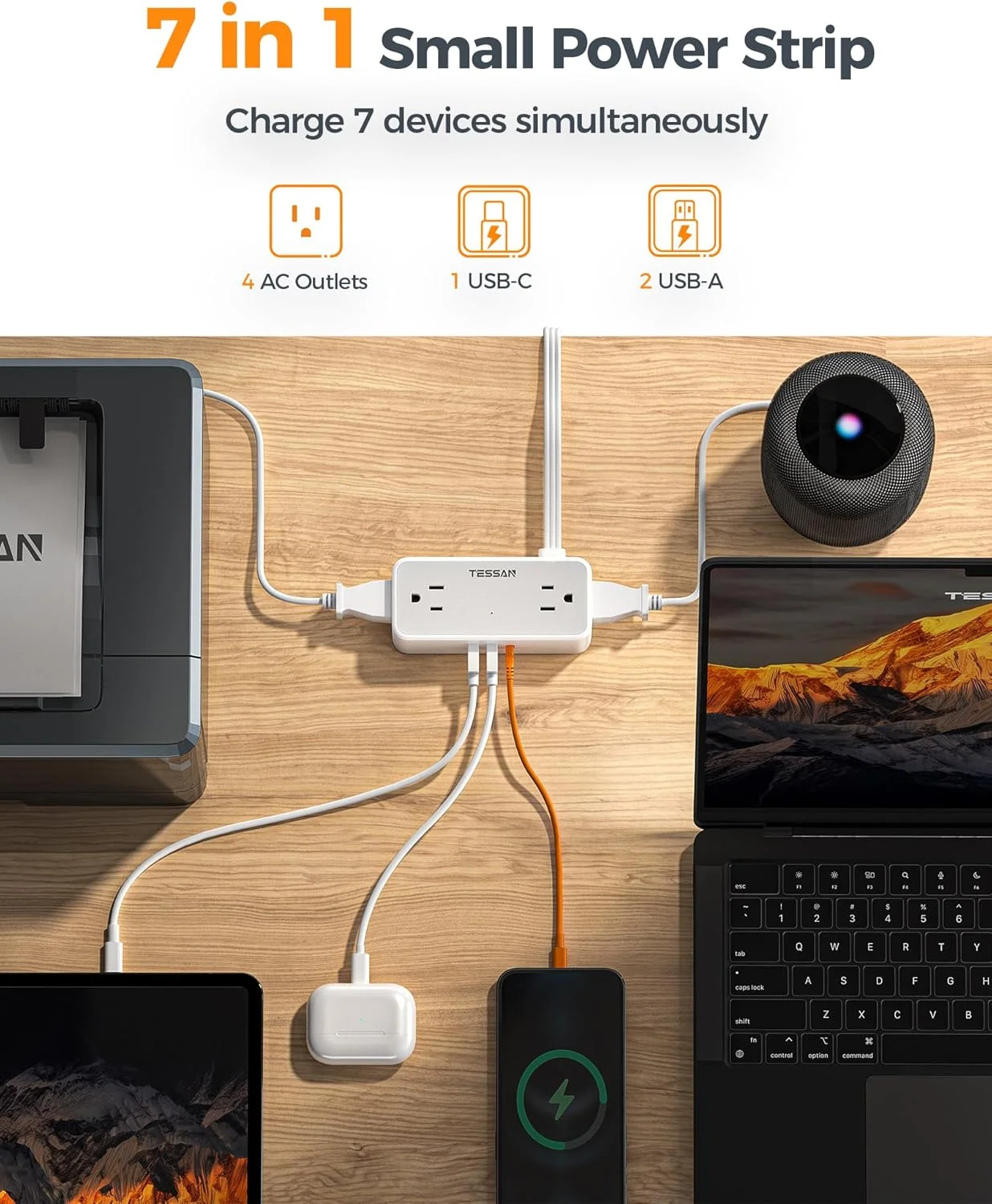 سیم رابط برق 7.6 متری با دوشاخه تخت، محافظ برق تسن با 4 پریز AC، 1 پورت USB-C و 2 پورت USB-A، محافظت 900 ژول، توسعه دهنده پریز دیواری چندگانه برای لوازم ضروری خانه، دفتر و خوابگاه