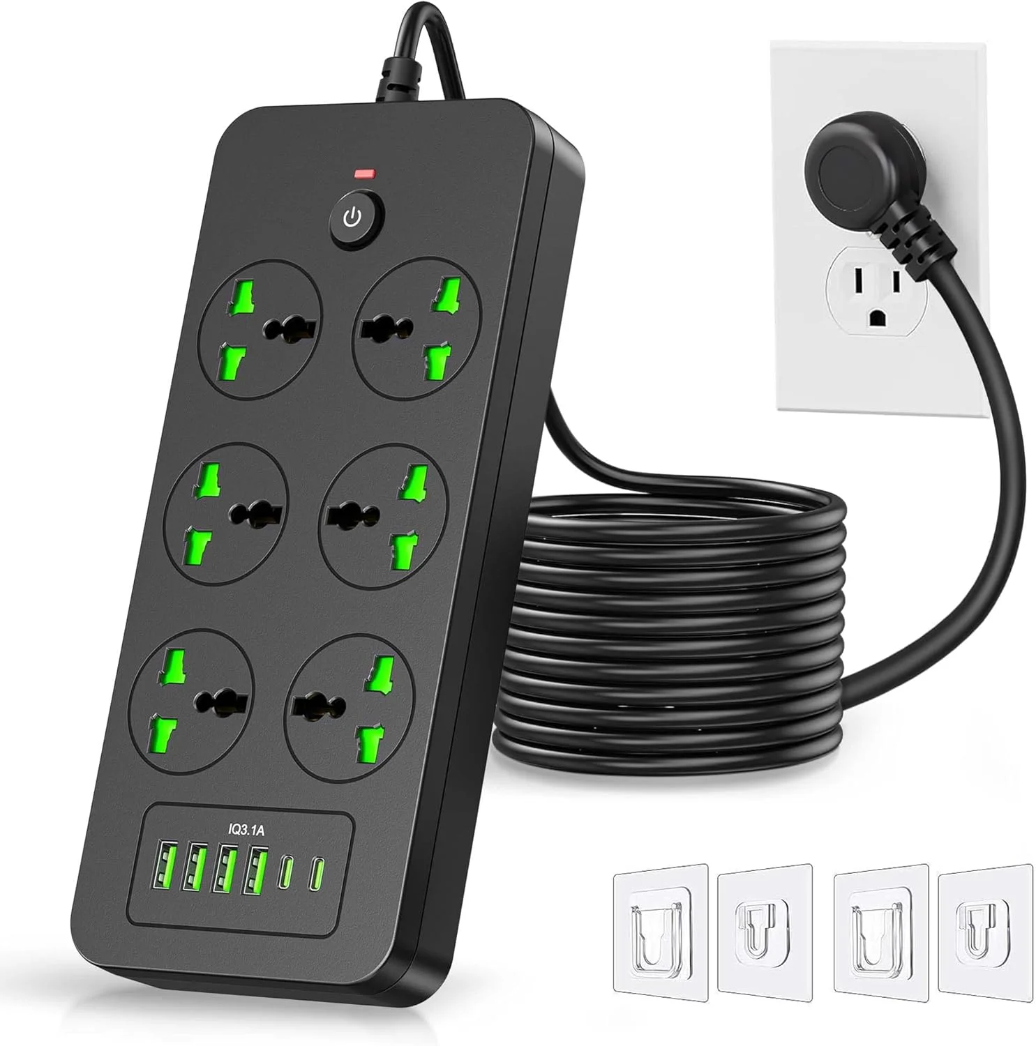 سه‌راهی برق با دوشاخه تخت، دارای 6 پریز جهانی، 4 پورت USB و 2 پورت USB-C، شارژ سریع 3.1 آمپر، محافظت در برابر اضافه بار، 3000 وات، 110-240 ولت، افزایش دهنده پریز برای لوازم ضروری سفر در خانه و خارج از کشور