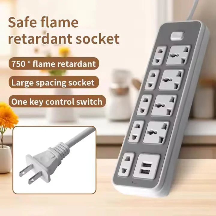 سه راهی برق 9 خانه با کابل و دوشاخه یونیورسال 3 پین، 2 پورت USB سریع و کلید یکپارچه، اتصال دهنده چند کابلی مقاوم در برابر آتش، آداپتور دوشاخه، هاب شارژ برای خانه و محل کار