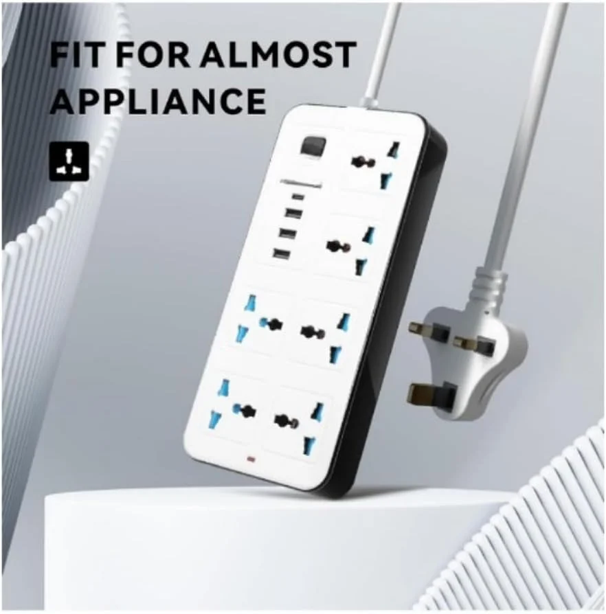 سیم سیار 6 راهی با 3 پورت USB و 1 پورت PD، کابل 2 متری، شارژر Type-C، 6 پریز برق با اسلات شارژ USB