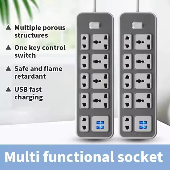 سه راهی برق 9 خانه با کابل و دوشاخه یونیورسال 3 پین، 2 پورت USB سریع و کلید یکپارچه، اتصال دهنده چند کابلی مقاوم در برابر آتش، آداپتور دوشاخه، هاب شارژ برای خانه و محل کار