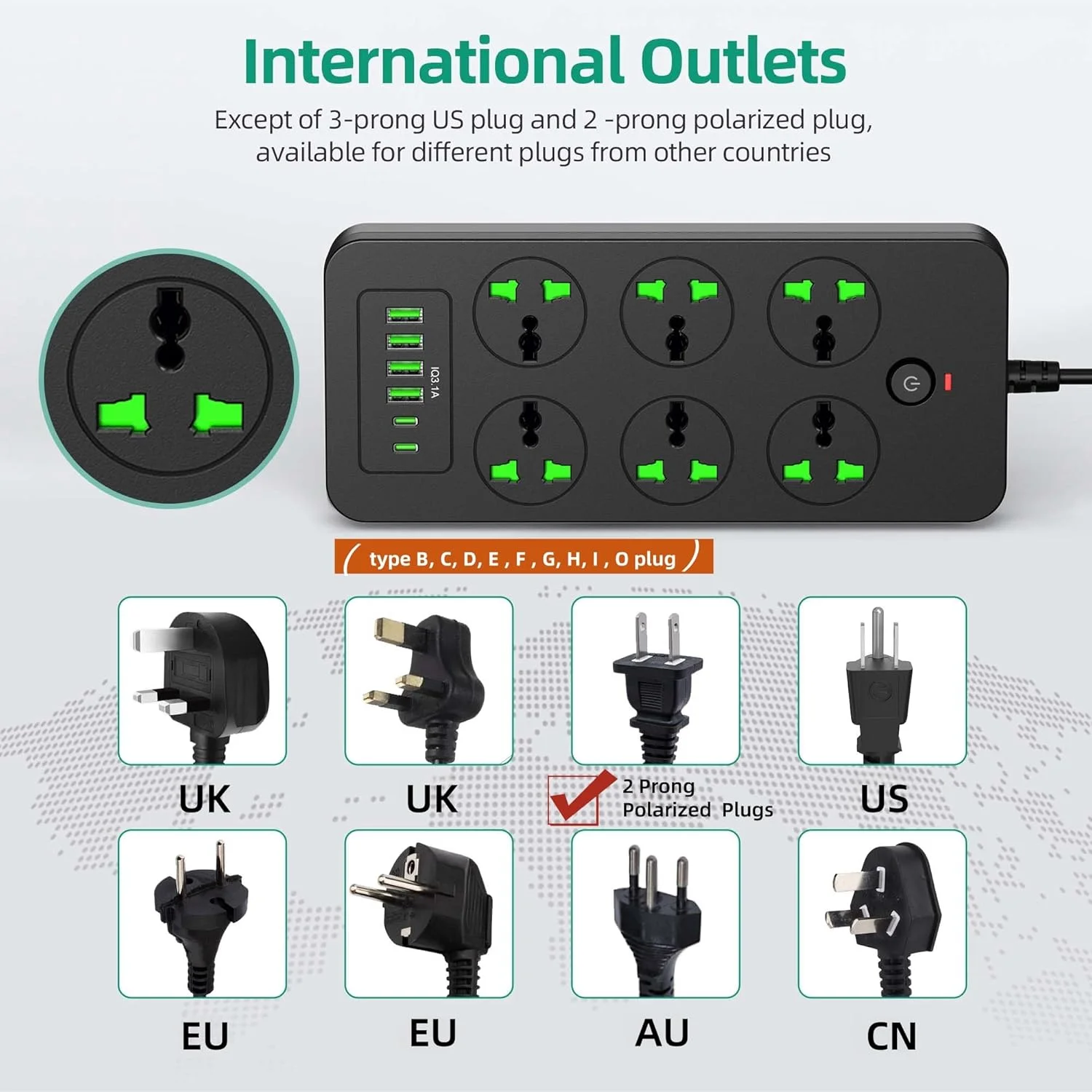 سه‌راهی برق با دوشاخه تخت، دارای 6 پریز جهانی، 4 پورت USB و 2 پورت USB-C، شارژ سریع 3.1 آمپر، محافظت در برابر اضافه بار، 3000 وات، 110-240 ولت، افزایش دهنده پریز برای لوازم ضروری سفر در خانه و خارج از کشور