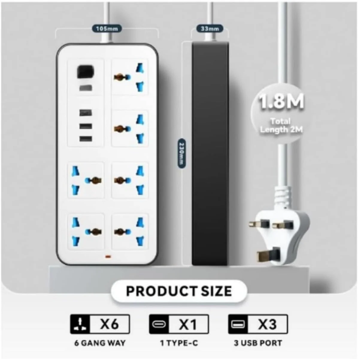 سیم سیار 6 راهی با 3 پورت USB و 1 پورت PD، کابل 2 متری، شارژر Type-C، 6 پریز برق، 6 شاخه با اسلات شارژ USB