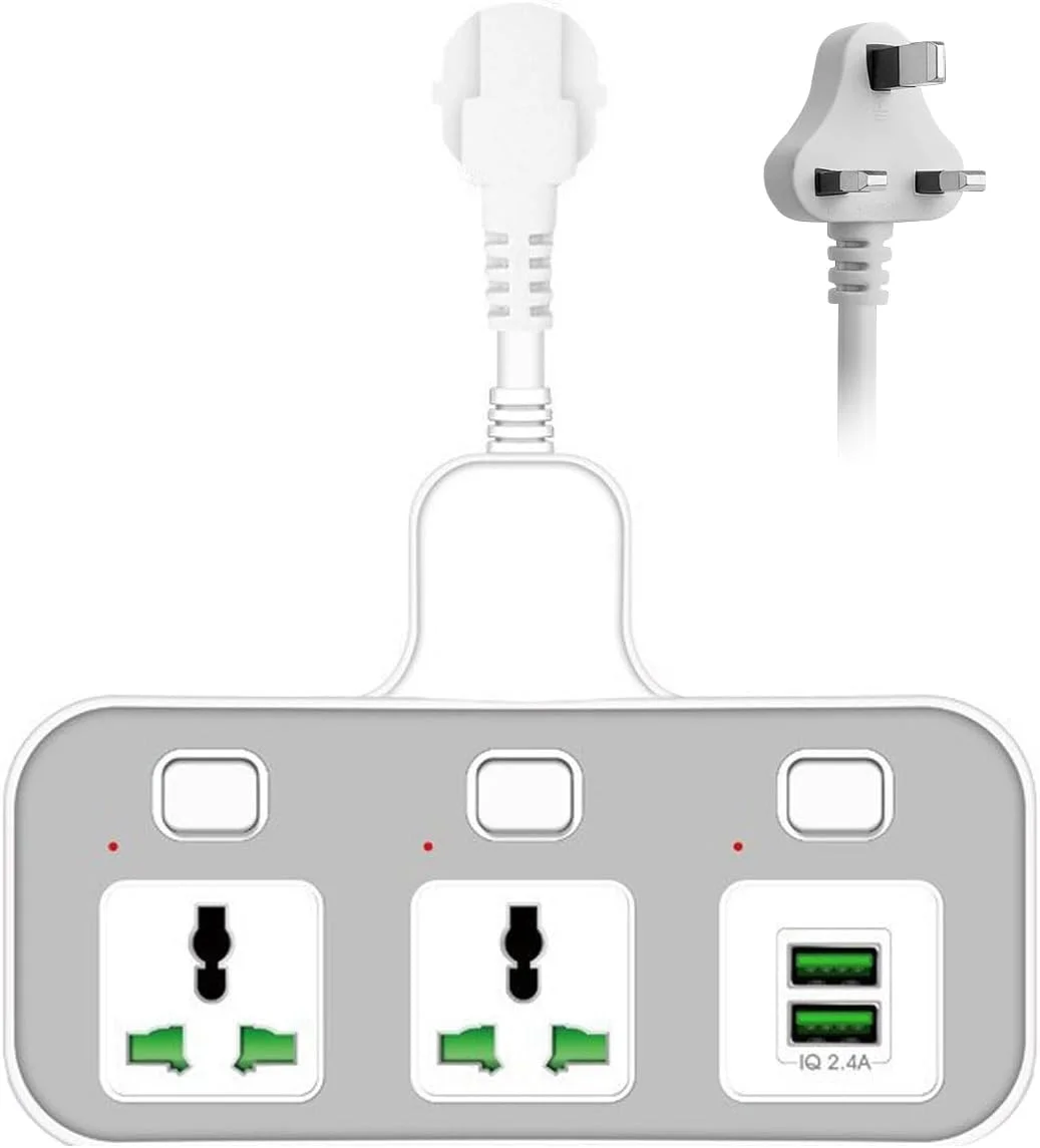 چندراهی برق با 2 پریز آداپتور مسافرتی جهانی، 2 پورت شارژر USB، کلیدهای جداگانه، مناسب برای منزل و اداره