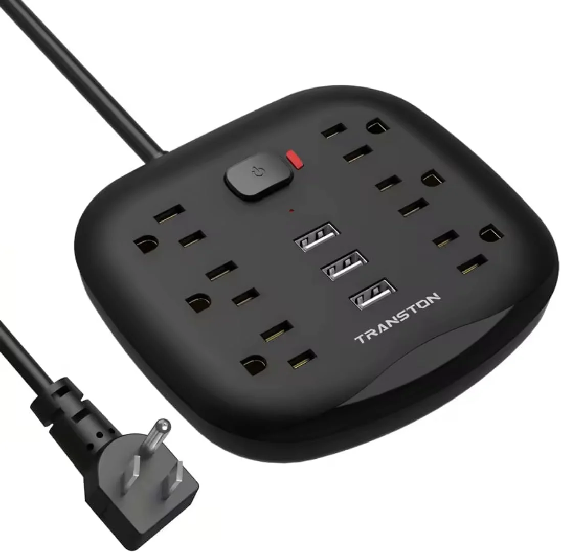 محافظ برق با 8 پریز و 3 پورت USB، دوشاخه بریتانیایی، آداپتور دوشاخه جهانی با محافظ ولتاژ 3 پورت USB، سوکت شارژ با سیم برق ضخیم 2 متری (مشکی)