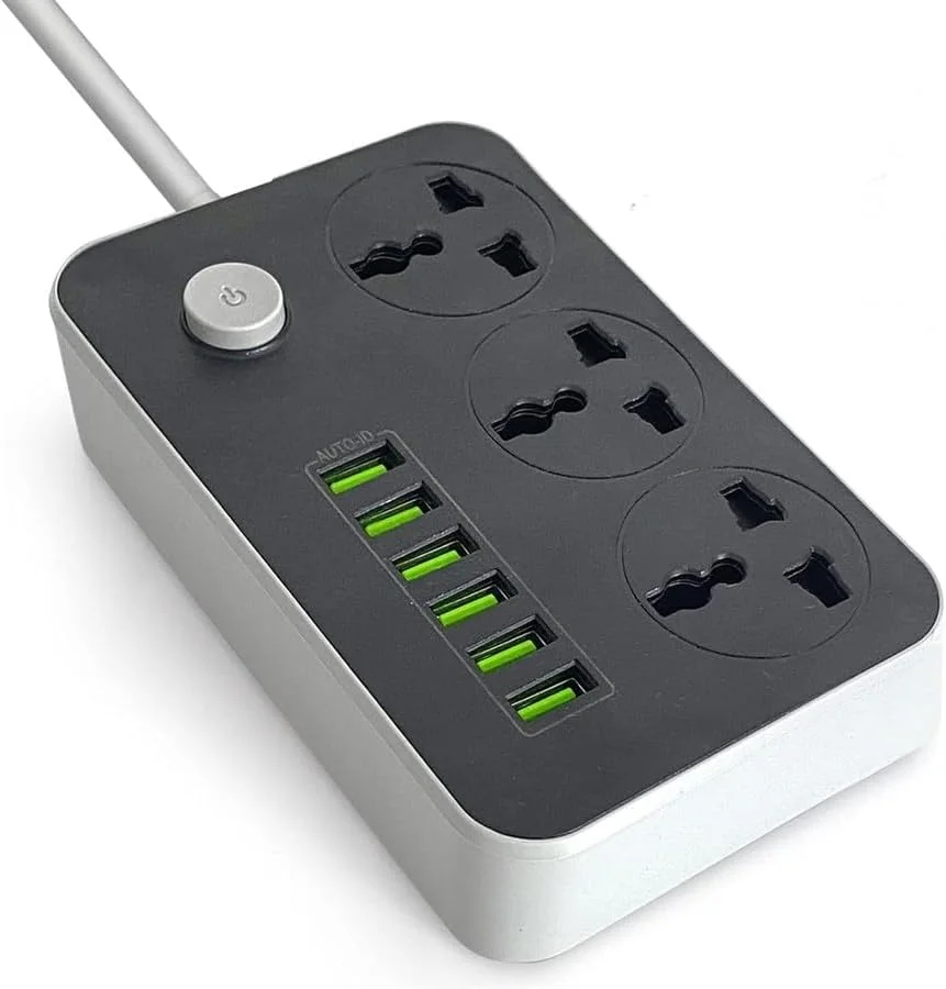 چندراهی برق 2500 وات FOJI | 3 پریز جهانی + 6 پورت شارژ USB | کابل 2 متری، محافظت در برابر نوسانات، محافظ برق با دوشاخه 3 پین بریتانیایی | شارژ هوشمند، طراحی بادوام - مشکی/خاکستری
