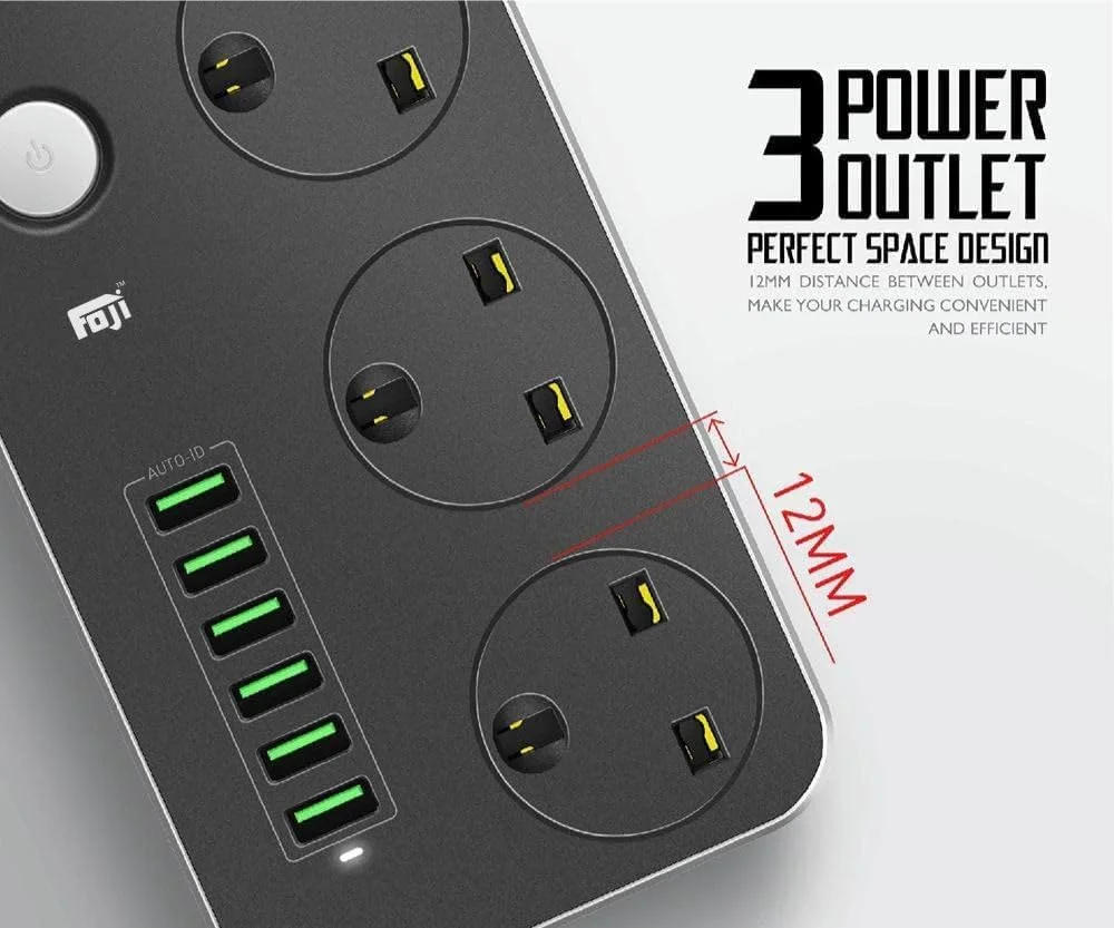 چندراهی برق 2500 وات FOJI | 3 پریز جهانی + 6 پورت شارژ USB | کابل 2 متری، محافظت در برابر نوسانات، محافظ برق با دوشاخه 3 پین بریتانیایی | شارژ هوشمند، طراحی بادوام - مشکی/خاکستری