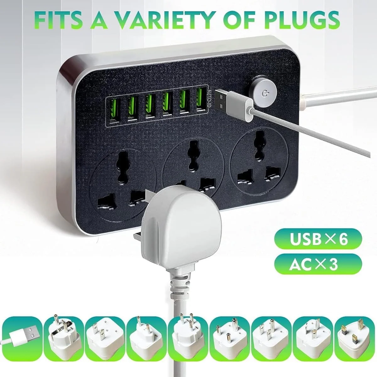 محافظ برق با 3 پریز و 6 پورت USB، سوکت جهانی، کابل 2 متری، شارژ سریع، محافظت در برابر اضافه بار، محافظ ولتاژ، چند شاخه، ایستگاه شارژ خانگی و اداری