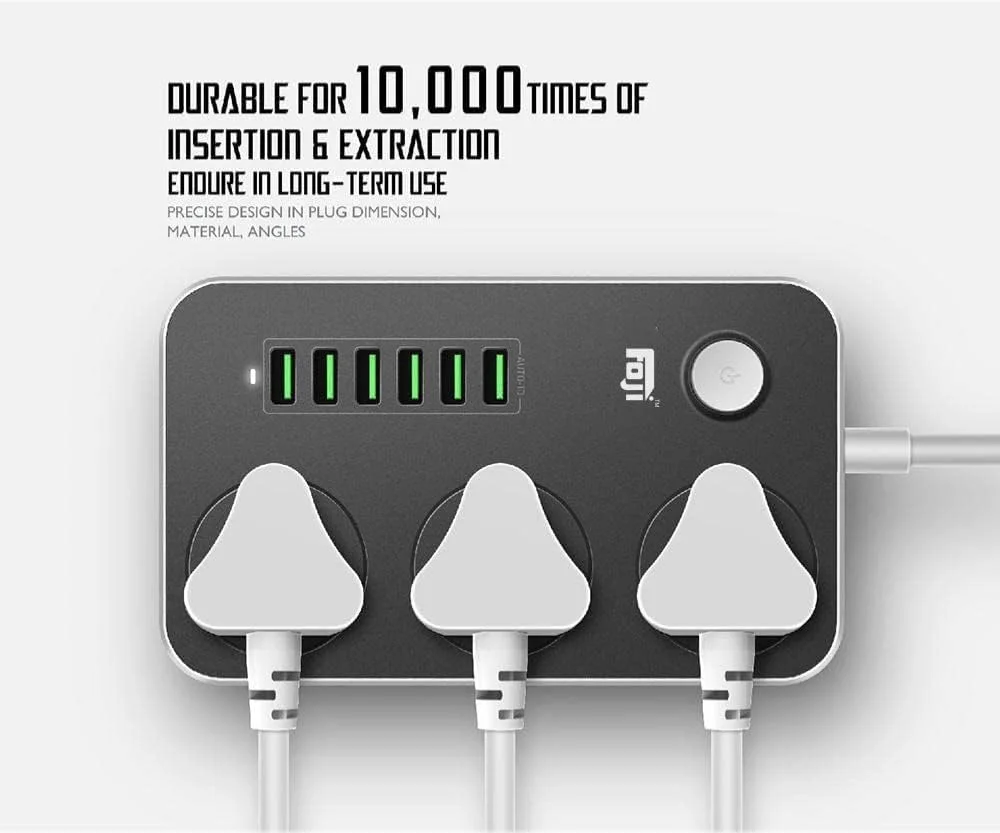 چندراهی برق 2500 وات FOJI | 3 پریز جهانی + 6 پورت شارژ USB | کابل 2 متری، محافظت در برابر نوسانات، محافظ برق با دوشاخه 3 پین بریتانیایی | شارژ هوشمند، طراحی بادوام - مشکی/خاکستری