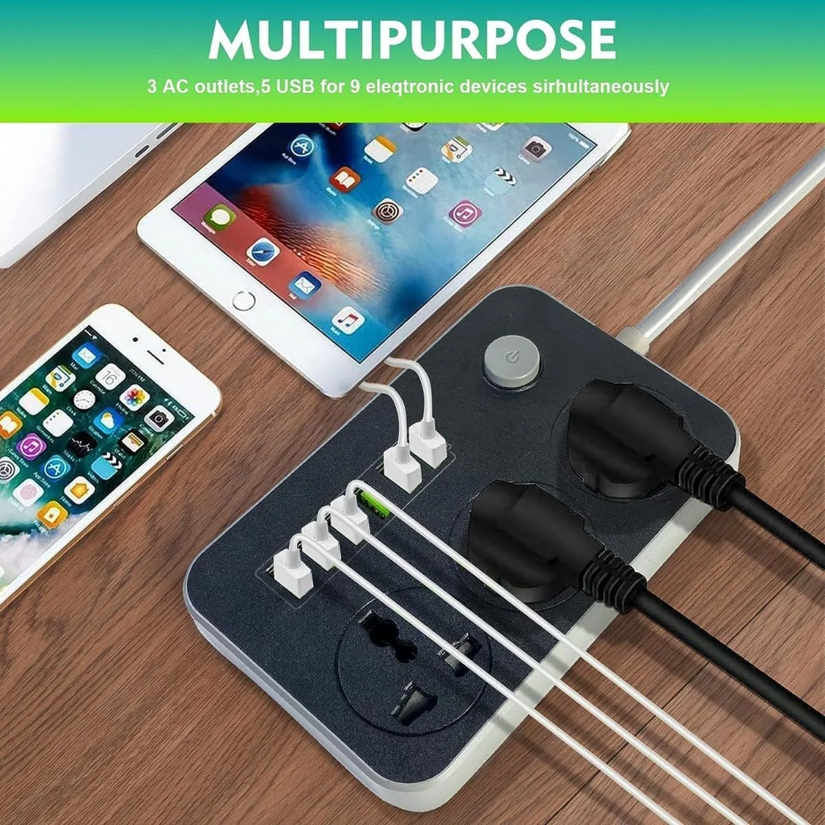 محافظ برق با 3 پریز و 6 پورت USB، سوکت جهانی، کابل 2 متری، شارژ سریع، محافظت در برابر اضافه بار، محافظ ولتاژ، چند شاخه، ایستگاه شارژ خانگی و اداری