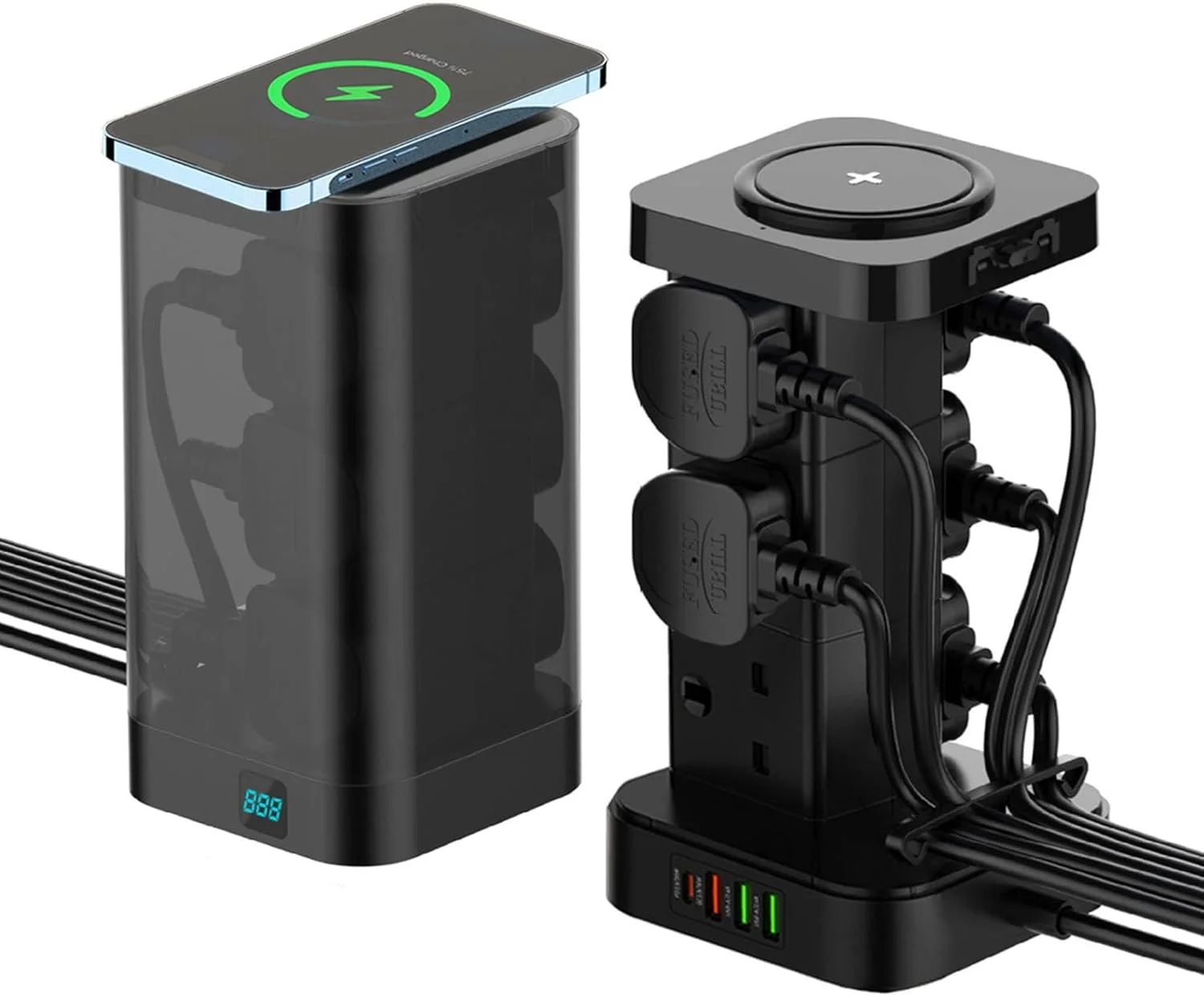 چند راهی برق برجی با درگاه USB-C و شارژر بی‌سیم، محافظ برق 6 خروجی، سیم سیار 3 متری، ایستگاه شارژ هوشمند PD30W QC3.0 (مشکی)