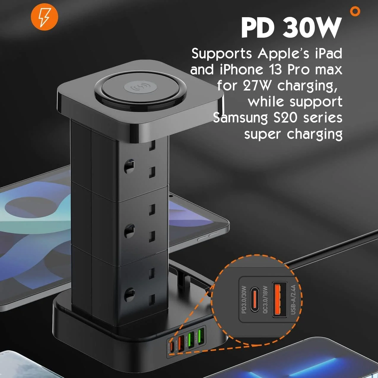 چند راهی برق برجی با درگاه USB-C و شارژر بی‌سیم، محافظ برق 6 خروجی، سیم سیار 3 متری، ایستگاه شارژ هوشمند PD30W QC3.0 (مشکی)