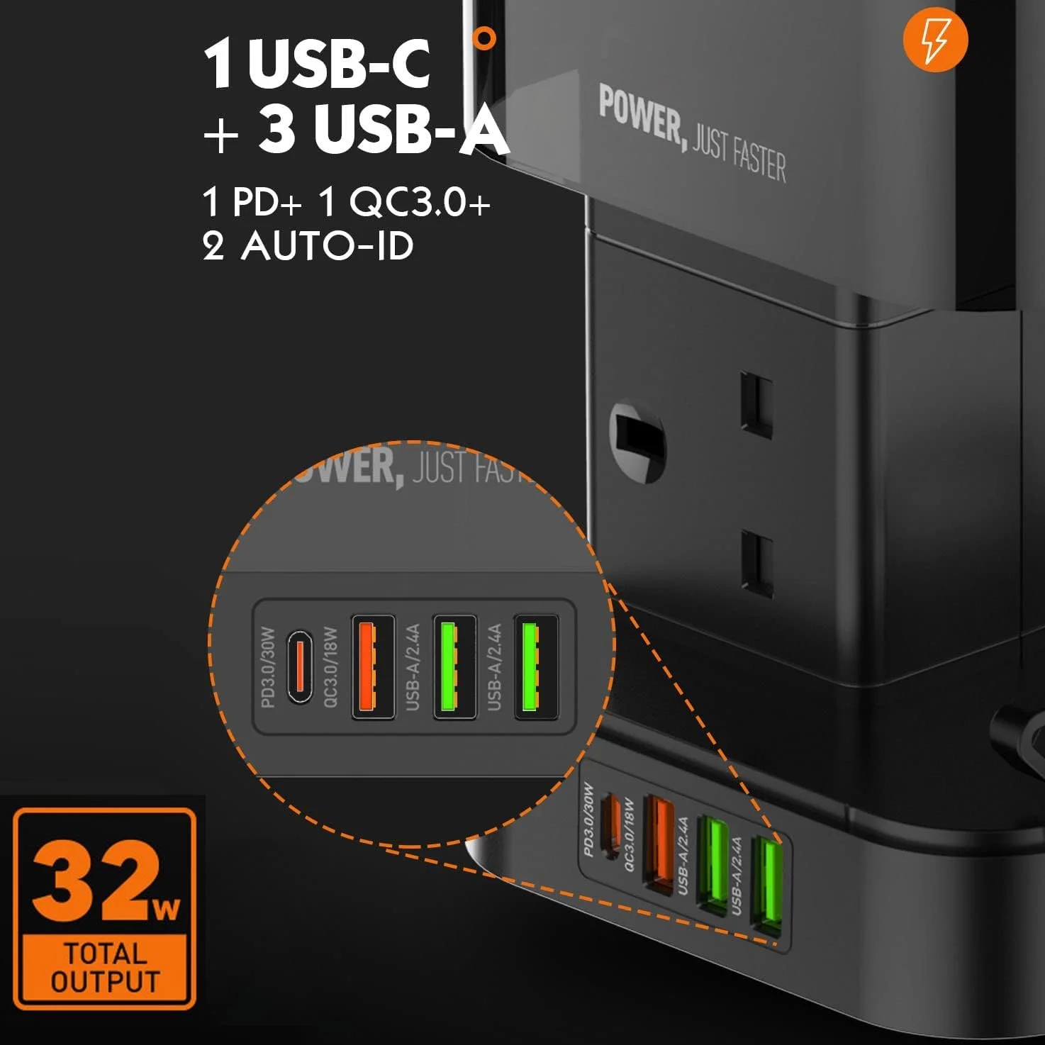 چند راهی برق برجی با درگاه USB-C و شارژر بی‌سیم، محافظ برق 6 خروجی، سیم سیار 3 متری، ایستگاه شارژ هوشمند PD30W QC3.0 (مشکی)