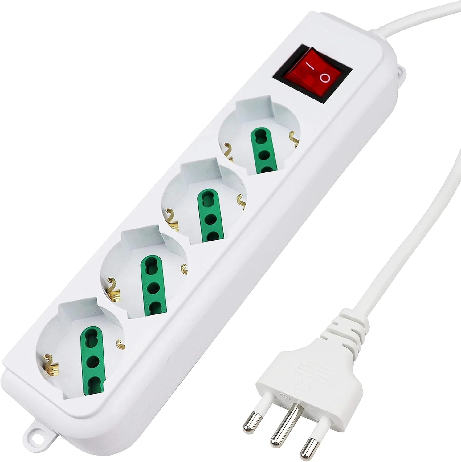 محافظ برق اکسترا استار با 4 پریز جهانی 10/16 آمپر و شوکو، کلید چراغ دار، کابل 1.5 متری با دوشاخه ایتالیایی 16 آمپر، سفید، بای پس.