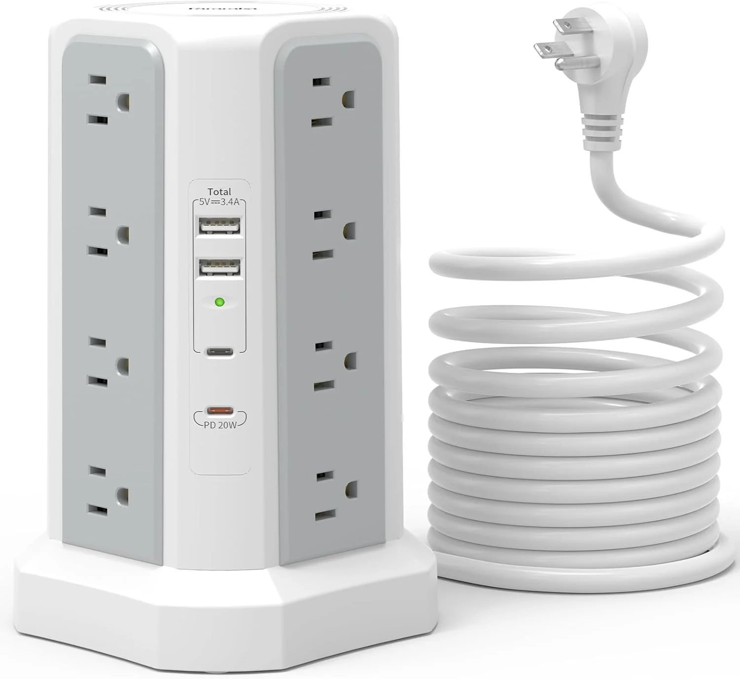 محافظ برق فاراراکا با پورت USB-C PD20W، سیم ضخیم تر 13 آمپری با پریزهای متعدد، محافظ برق برجی 6 فوتی با پورت های USB 2A2C، 16AC، لوازم اداری و ضروری خوابگاه