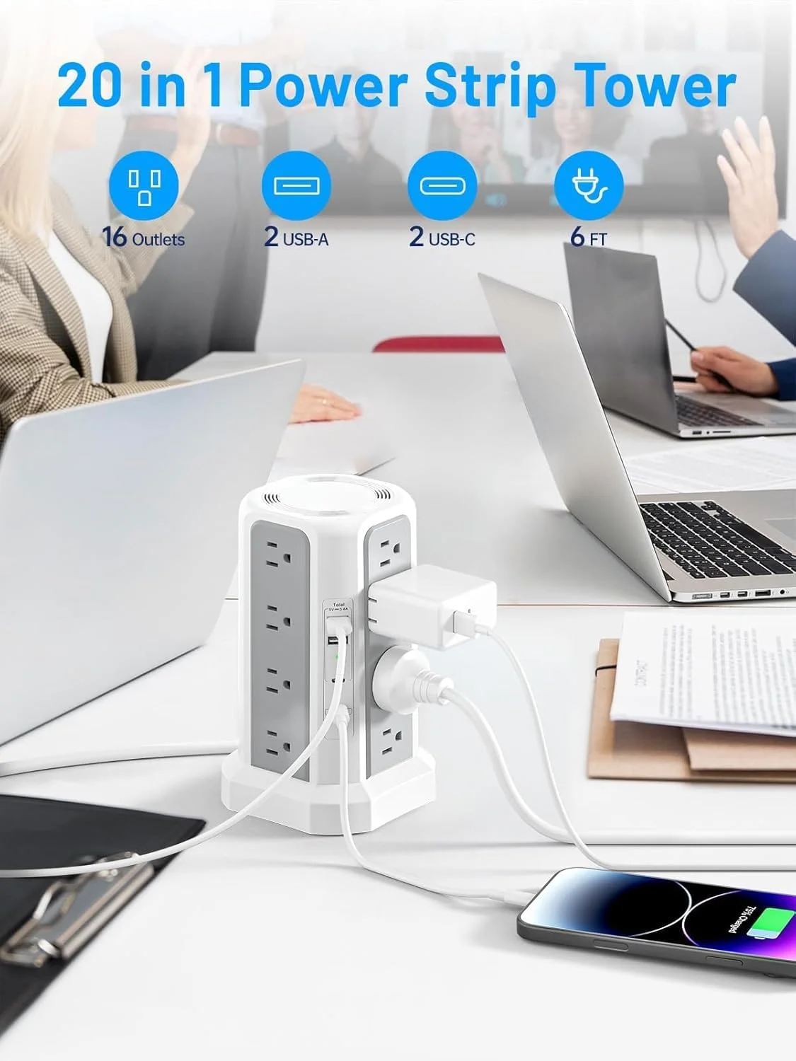 محافظ برق فاراراکا با پورت USB-C PD20W، سیم ضخیم تر 13 آمپری با پریزهای متعدد، محافظ برق برجی 6 فوتی با پورت های USB 2A2C، 16AC، لوازم اداری و ضروری خوابگاه