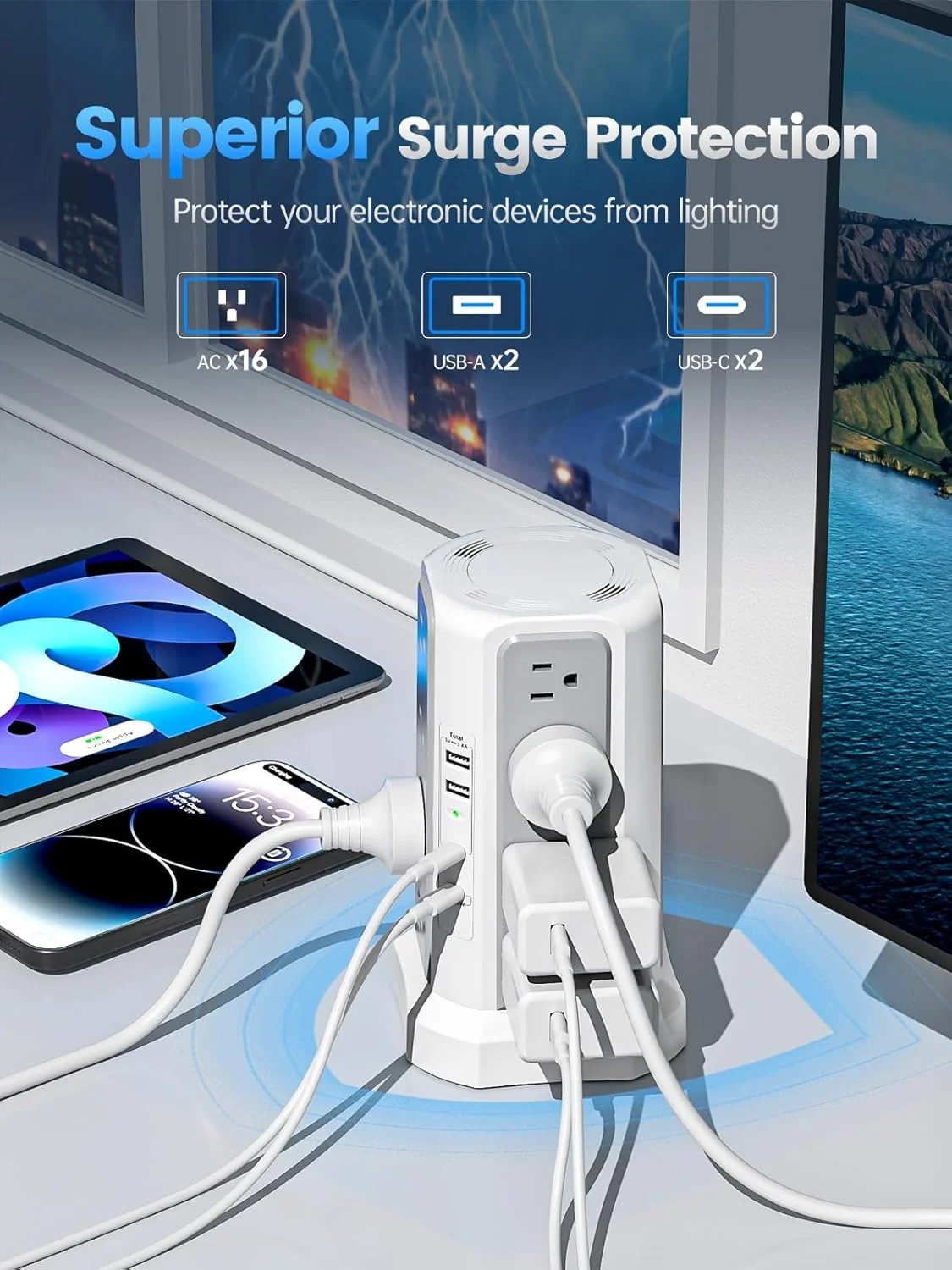 محافظ برق فاراراکا با پورت USB-C PD20W، سیم ضخیم تر 13 آمپری با پریزهای متعدد، محافظ برق برجی 6 فوتی با پورت های USB 2A2C، 16AC، لوازم اداری و ضروری خوابگاه