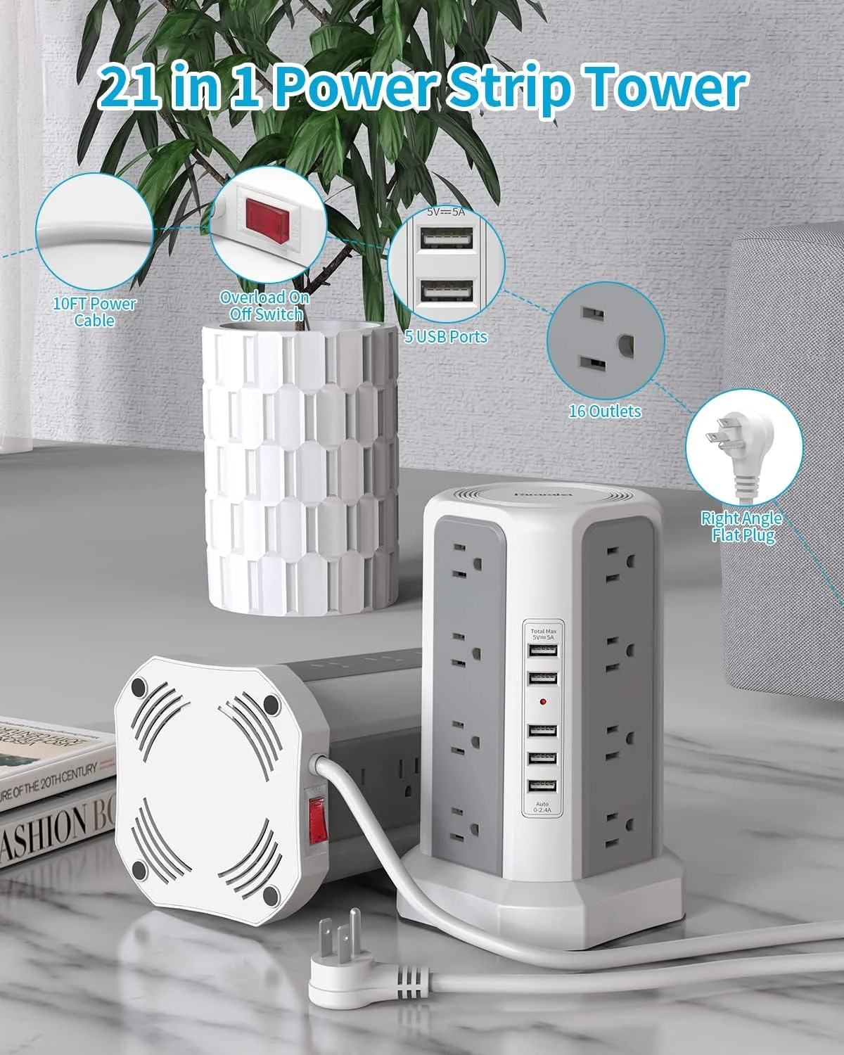 برج محافظ برق با درگاه‌های USB، سیم 3 متری، دارای 16 پریز و 5 درگاه USB، چند راهی برق برج با دوشاخه تخت مناسب خانه، اداره و خوابگاه