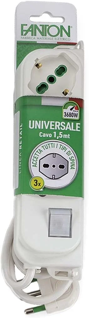 فانتون 47460 محافظ برق چندراهی امگا با 3 پریز 16 آمپر - کابل 1.5 متری - دوشاخه بزرگ ایتالیایی - کلید چراغ دار دو قطبی سفید ساخت ایتالیا