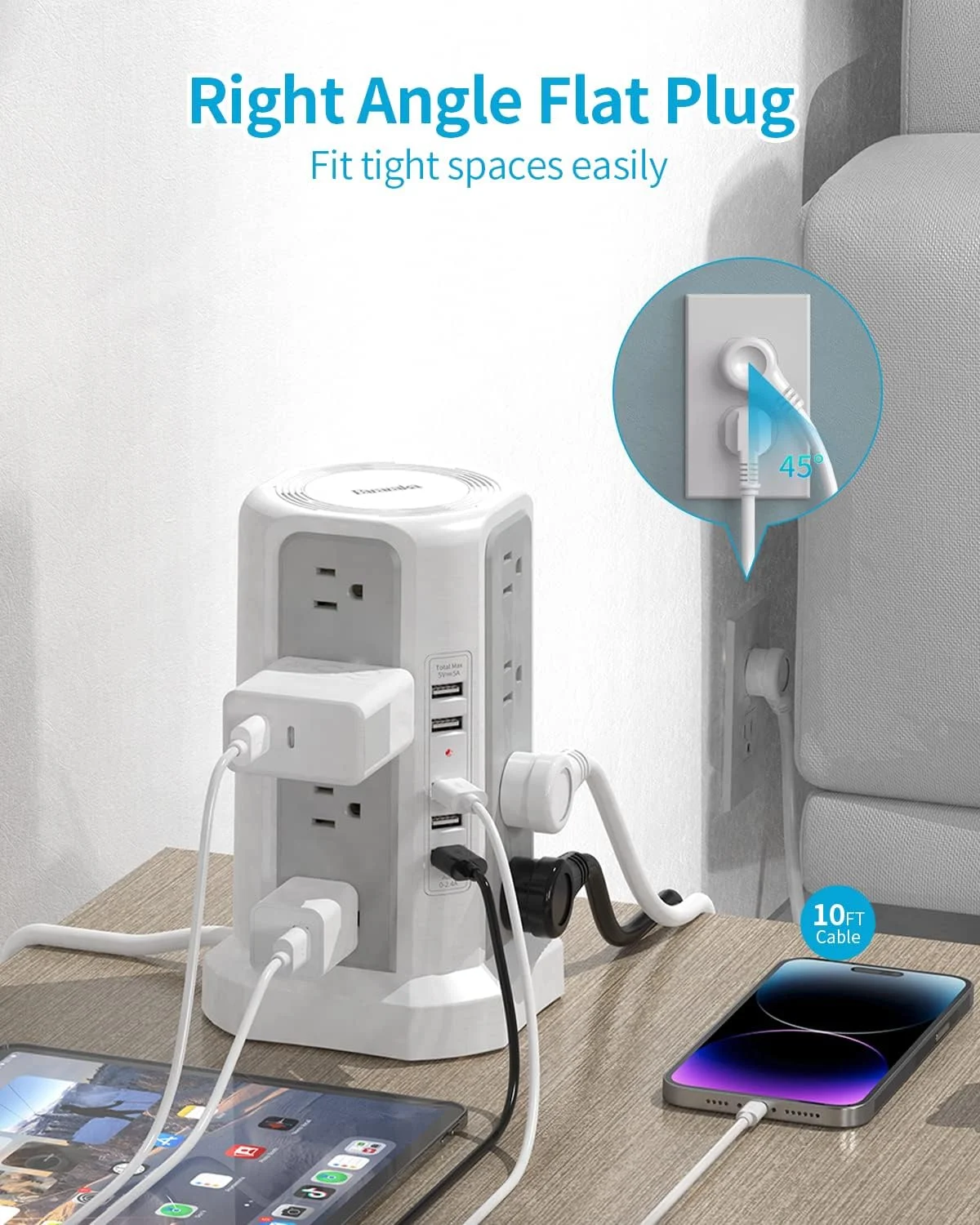 برج محافظ برق با درگاه‌های USB، سیم 3 متری، دارای 16 پریز و 5 درگاه USB، چند راهی برق برج با دوشاخه تخت مناسب خانه، اداره و خوابگاه