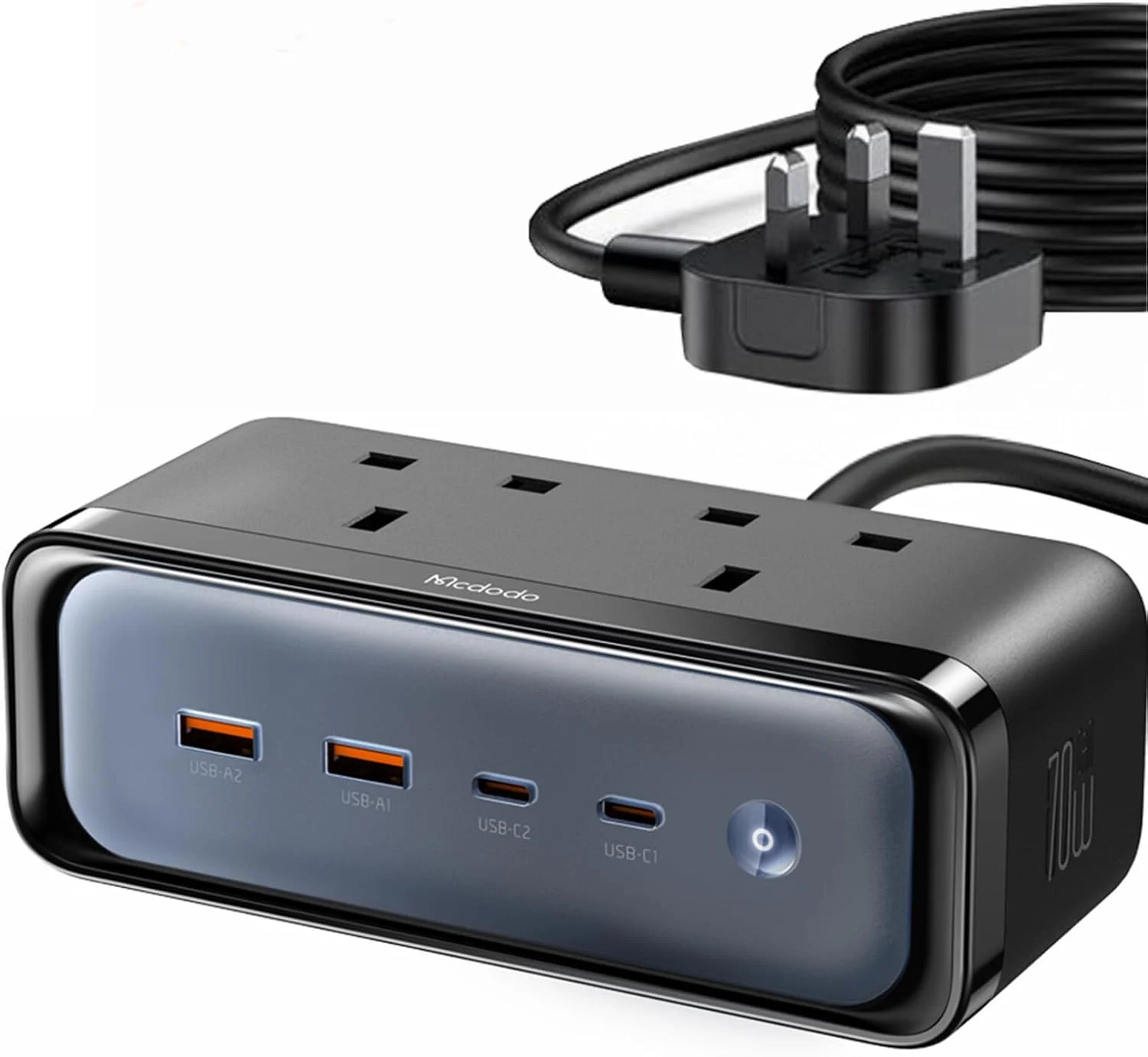 سه راهی برق 70 واتی با پورت USB C - ایستگاه شارژ سریع 6 در 1 با کابل افزایش طول چند پورت و دوشاخه UK - 2 پریز AC - 2 پورت USB C - 2 پورت USB A - سیم 1.5 متری برای خانه و دفتر