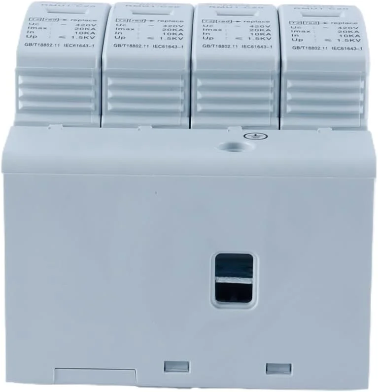 محافظ ولتاژ فاسزی، محافظ ولتاژ خانگی AC 4P 420V 40KA، خاموش شدن ولتاژ پایین بر روی ریل DIN برای محافظت در برابر طوفان.