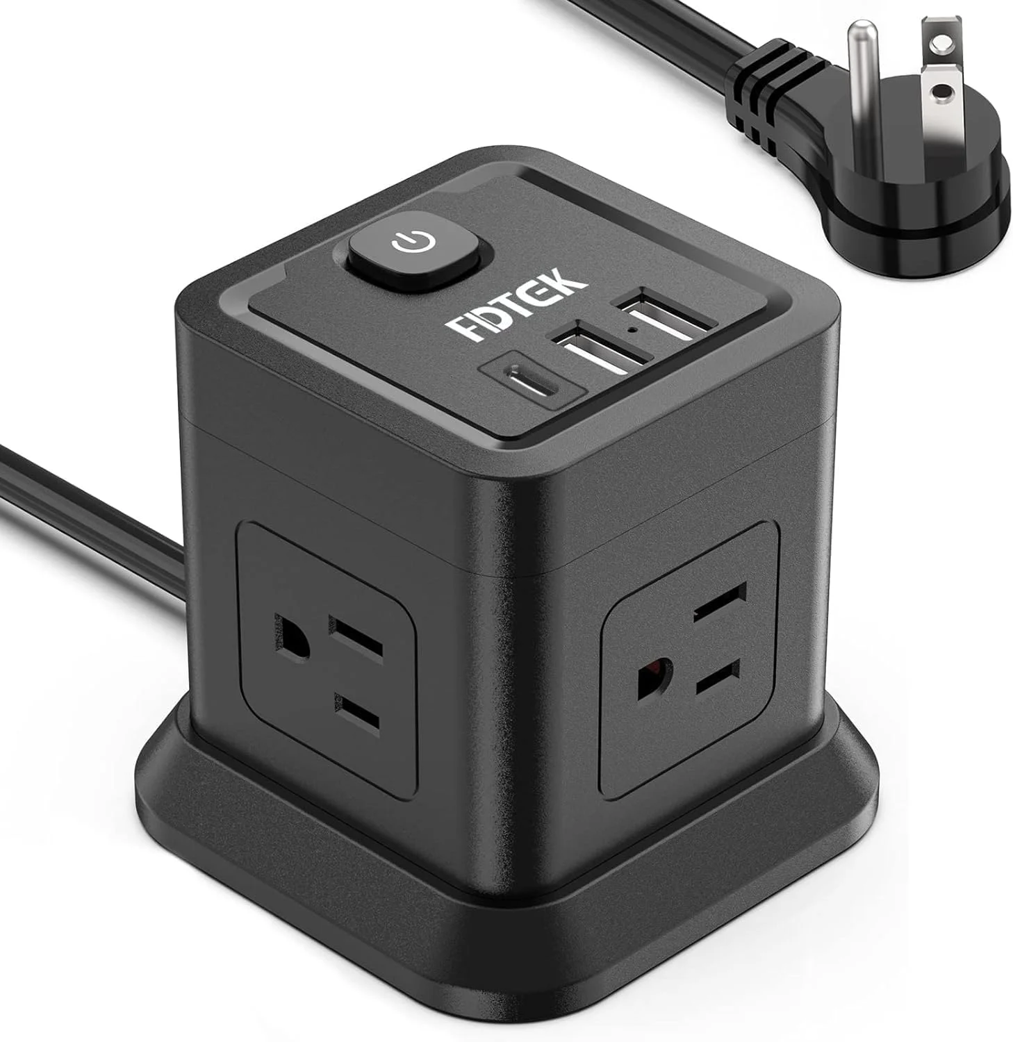 محافظ برق با پورت USB C، سیم رابط دوشاخه تخت FDTEK با 4 پریز و 3 پورت USB، طول 3 متر، محافظ برق رومیزی مکعبی با محافظت در برابر اضافه بار، قابل حمل و جمع و جور برای مسافرت، خانه، اداره، کشتی تفریحی - مشکی
