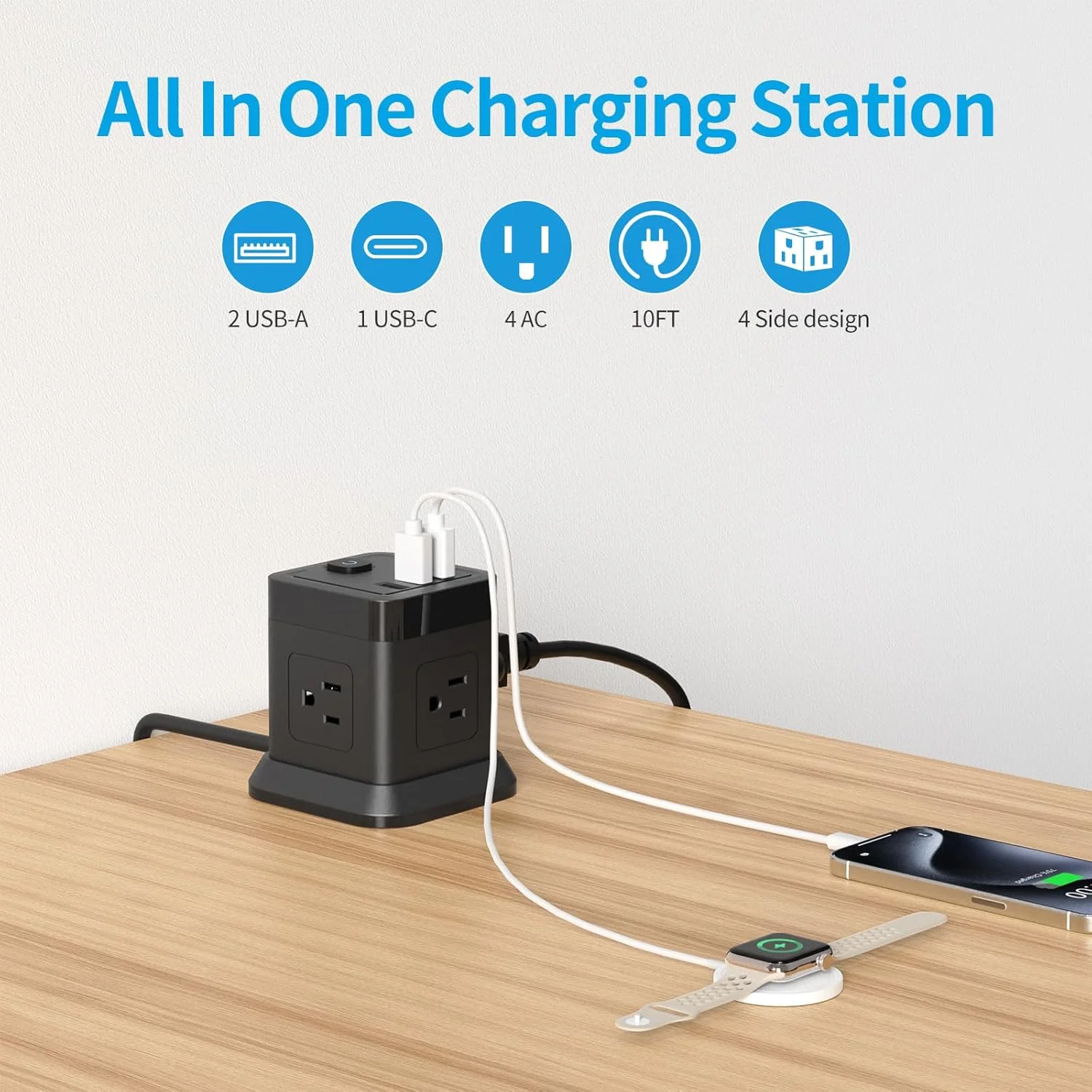 محافظ برق با پورت USB C، سیم رابط دوشاخه تخت FDTEK با 4 پریز و 3 پورت USB، طول 3 متر، محافظ برق رومیزی مکعبی با محافظت در برابر اضافه بار، قابل حمل و جمع و جور برای مسافرت، خانه، اداره، کشتی تفریحی - مشکی