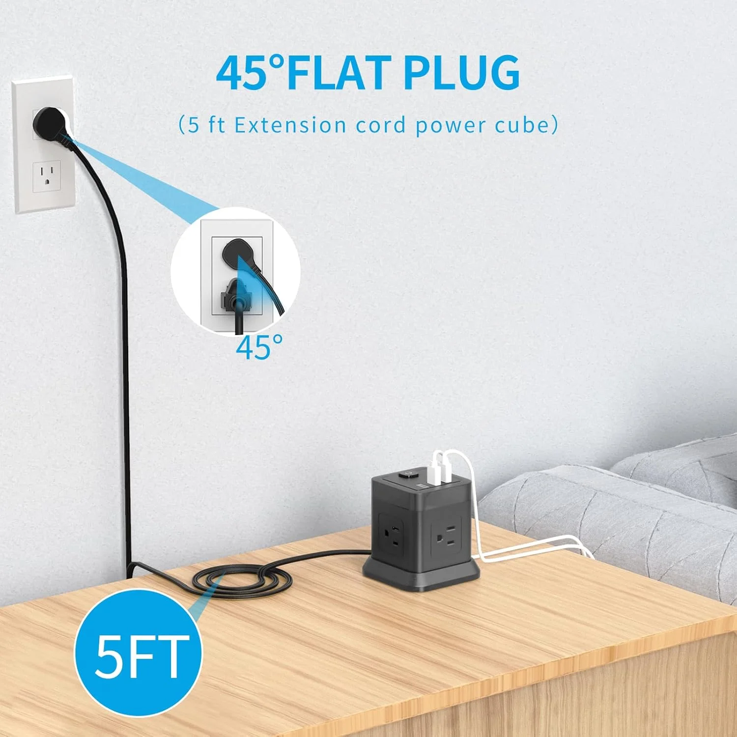 محافظ برق با پورت USB C، سیم رابط دوشاخه تخت FDTEK با 4 پریز و 3 پورت USB، طول 3 متر، محافظ برق رومیزی مکعبی با محافظت در برابر اضافه بار، قابل حمل و جمع و جور برای مسافرت، خانه، اداره، کشتی تفریحی - مشکی