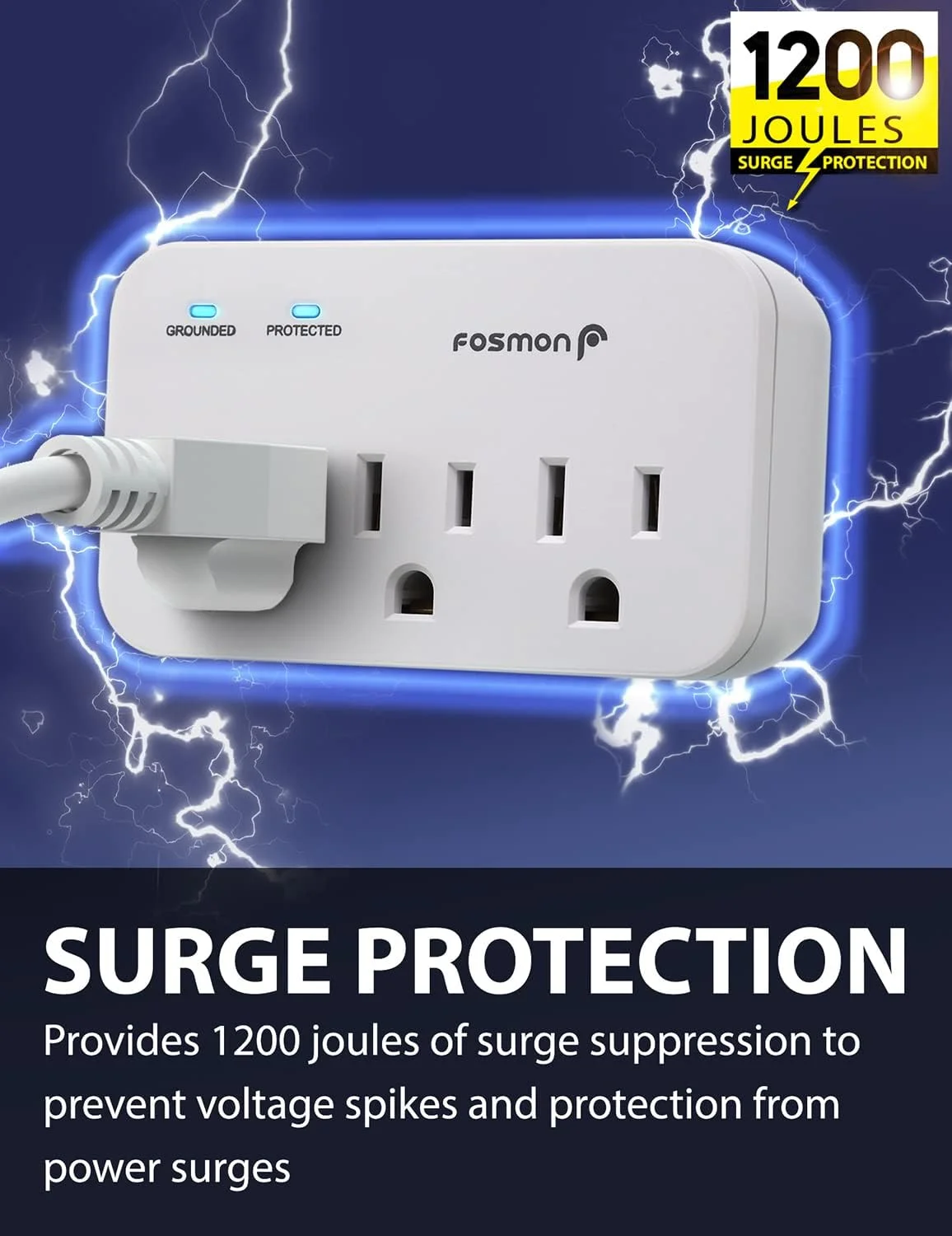 محافظ برق یخچال Fosmon - دارای 3 پریز، مناسب لوازم خانگی سنگین با ژول بالا برای یخچال، مایکروویو، ماشین لباسشویی، درب گاراژ، 1200 ژول، 1875 وات، 3 شاخه، دارای گواهی ETL