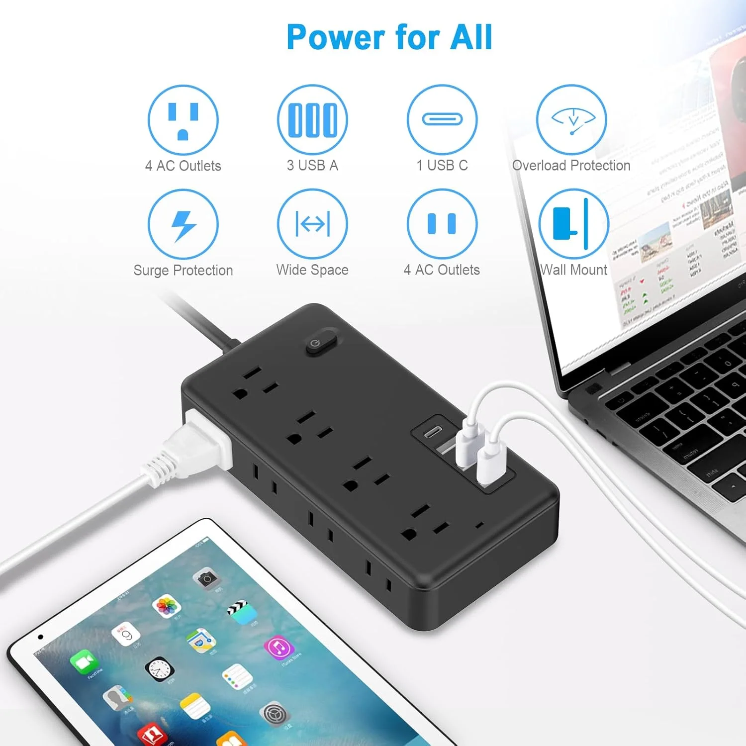 محافظ برق 3 متری FUAUFAS، سیم удлинитель با 8 پریز برق متناوب و 3 پورت USB (1 پورت USB C)، دوشاخه تخت، پریز دیواری چندگانه برای مسافرت، خوابگاه دانشجویی.