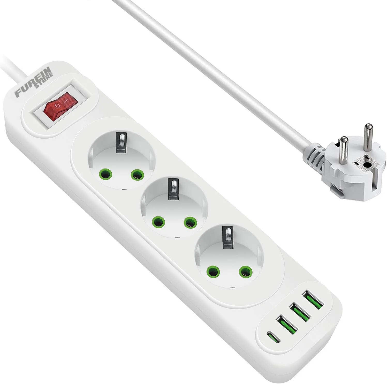 محافظ برق چند منظوره FUREINSTORE با پورت USB-C، محافظت در برابر نوسانات برق با 3 پریز برق، 3 پورت USB و 1 پورت Type-C، کابل افزایش طول 2 متری مقاوم در برابر آتش (سفید F23U)