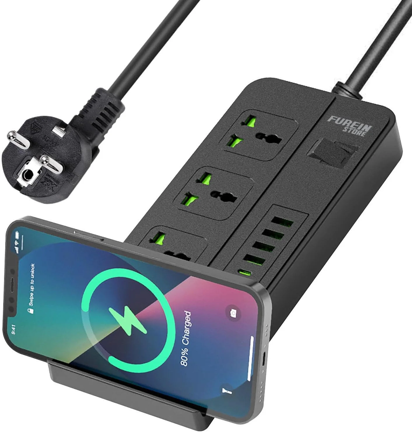 محافظ برق شارژ بی‌سیم، 6 پورت USB نوع A و C و 3 پریز یونیورسال - کابل 2 متری با کلید - چندراهی برق برای خانه و اداره