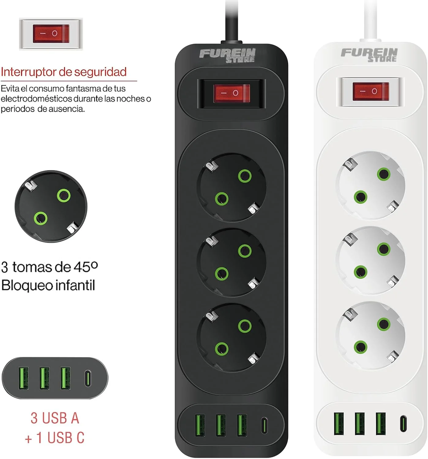 محافظ برق چند منظوره FUREINSTORE با پورت USB-C، محافظت در برابر نوسانات برق با 3 پریز برق، 3 پورت USB و 1 پورت Type-C، کابل افزایش طول 2 متری مقاوم در برابر آتش (سفید F23U)