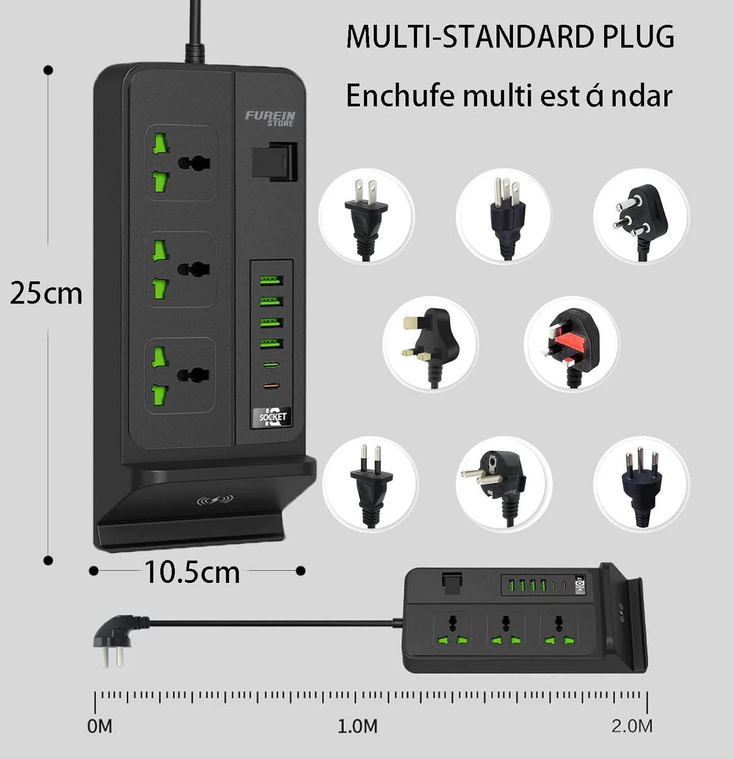 محافظ برق شارژ بی‌سیم، 6 پورت USB نوع A و C و 3 پریز یونیورسال - کابل 2 متری با کلید - چندراهی برق برای خانه و اداره