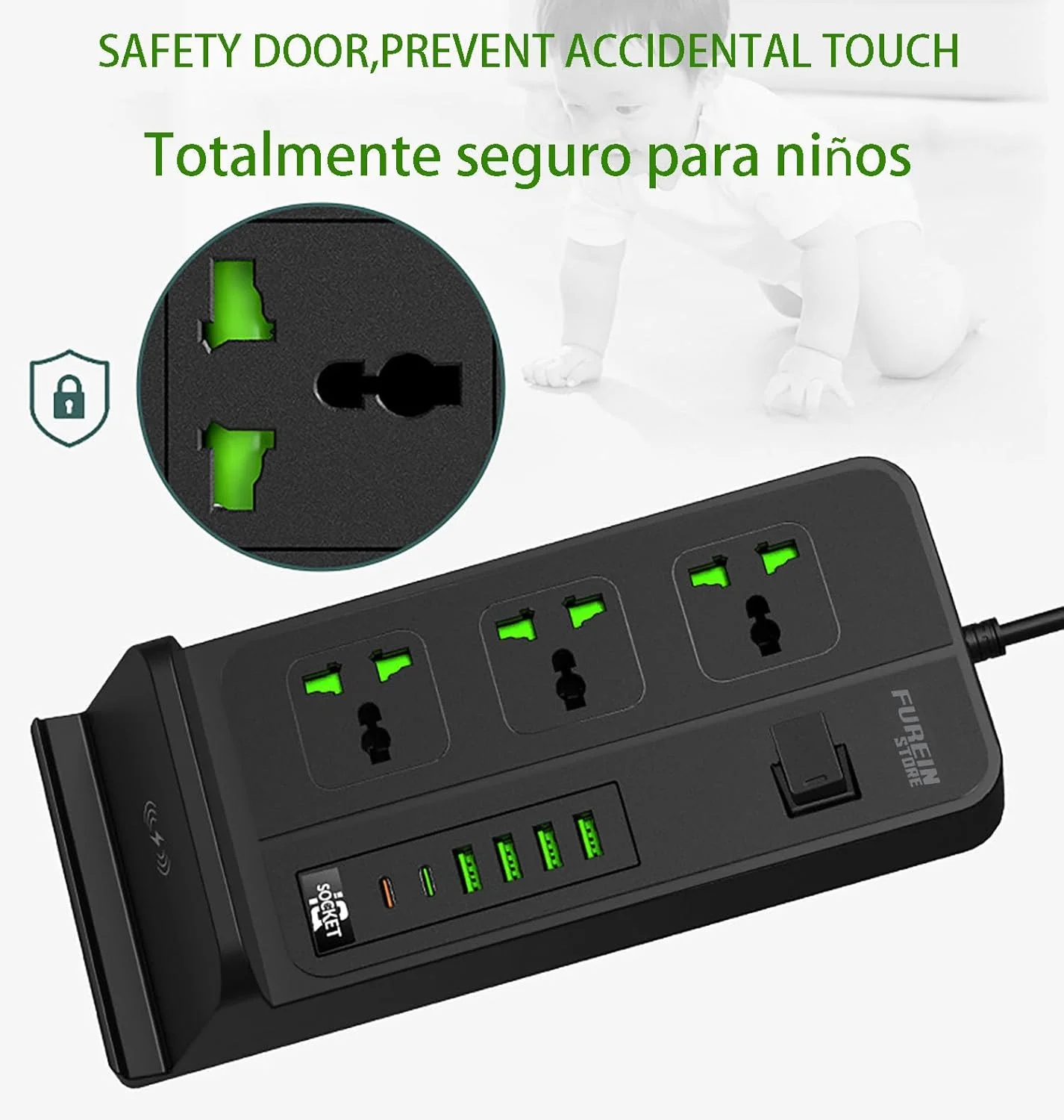 محافظ برق شارژ بی‌سیم، 6 پورت USB نوع A و C و 3 پریز یونیورسال - کابل 2 متری با کلید - چندراهی برق برای خانه و اداره