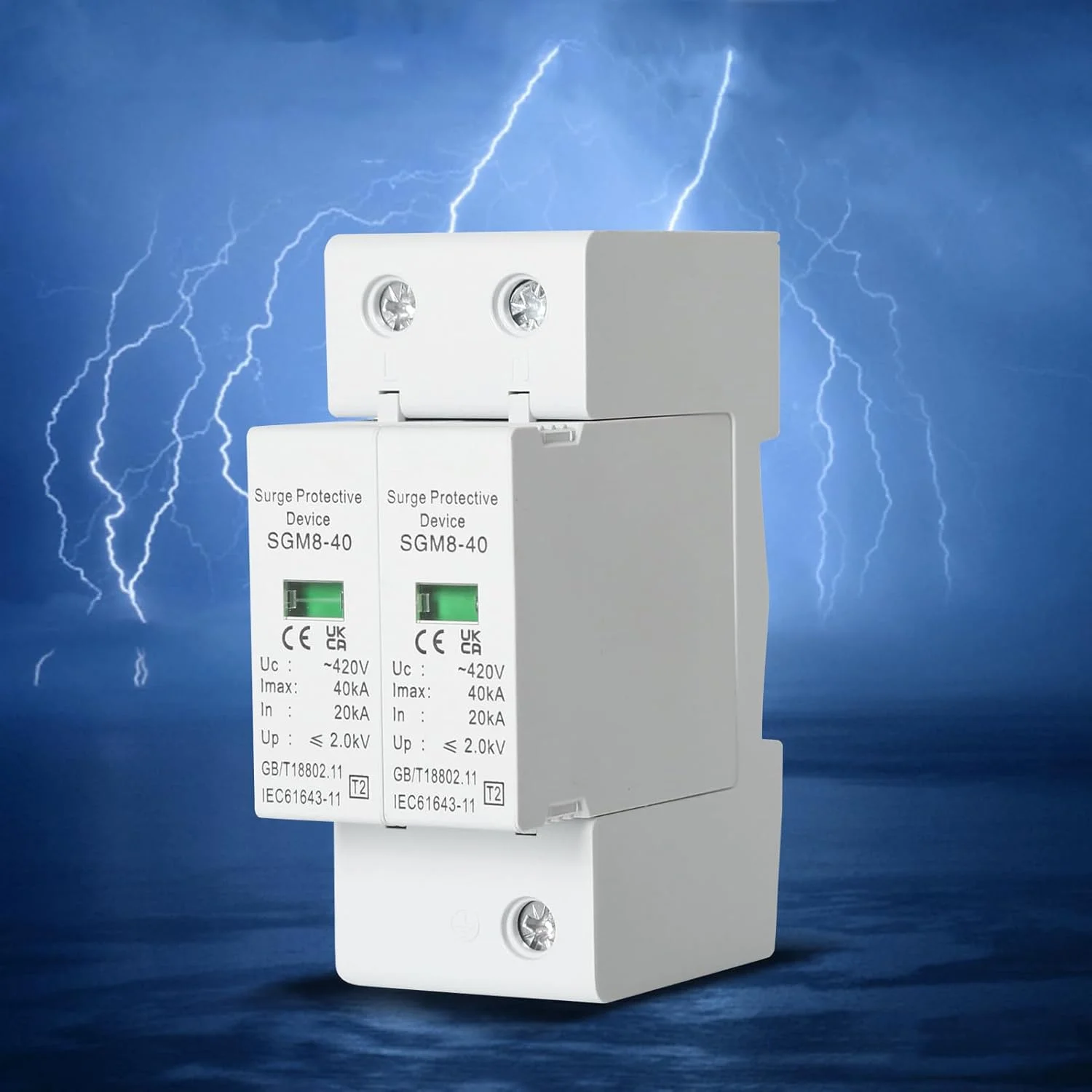 دستگاه محافظ ولتاژ خانگی Fyearfly 2P 40Ka محافظت از صاعقه ولتاژ پایین برای 220V/230V، قطع کننده مدار ضد رعد و برق فتوولتائیک PV خانگی ریل DIN
