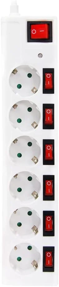 گارزا - محافظ برق 6 خانه شوکو با کلیدهای مستقل + کلید اصلی، کابل 1.5 متری، محافظ کودک و محافظ نوسانات برق، سفید