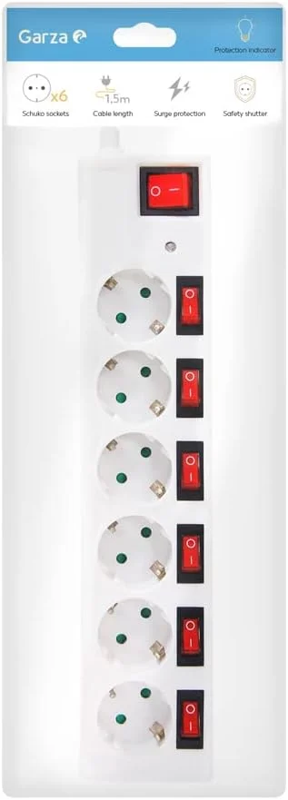گارزا - محافظ برق 6 خانه شوکو با کلیدهای مستقل + کلید اصلی، کابل 1.5 متری، محافظ کودک و محافظ نوسانات برق، سفید