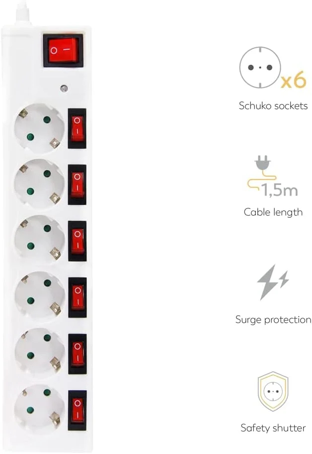 گارزا - محافظ برق 6 خانه شوکو با کلیدهای مستقل + کلید اصلی، کابل 1.5 متری، محافظ کودک و محافظ نوسانات برق، سفید