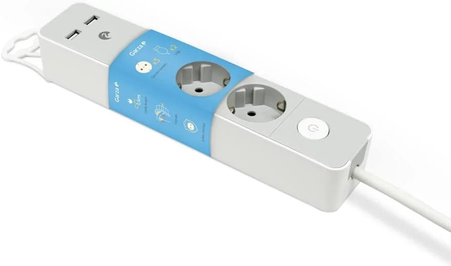 محافظ برق طراحی Garza با 3 پریز، 2 پورت USB، کلید روشن/خاموش، کابل 1.4 متری، پریز تخت، محافظ کودک - خاکستری