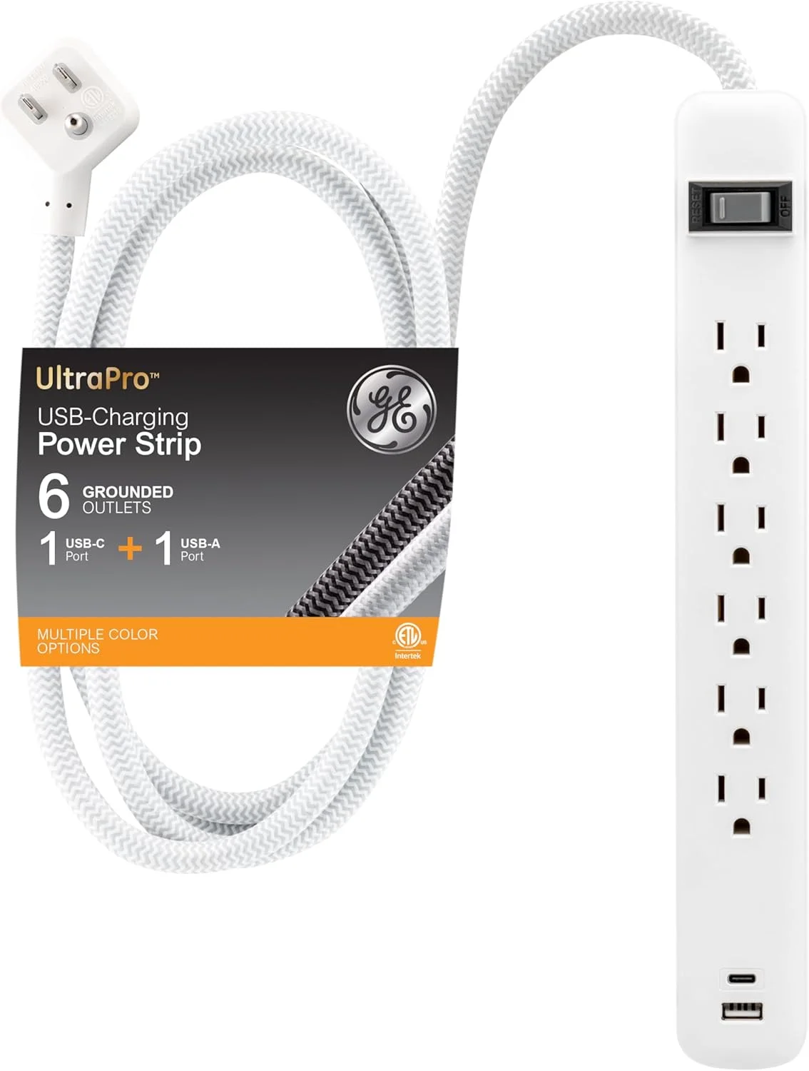 محافظ برق 6 خروجی GE با USB، دارای 1 پورت USB-A و 1 پورت USB-C، افزایش دهنده پریز، سیم افزایش طول بافته شده 6 فوتی، دوشاخه تخت، ایستگاه شارژ، سفید، 82594