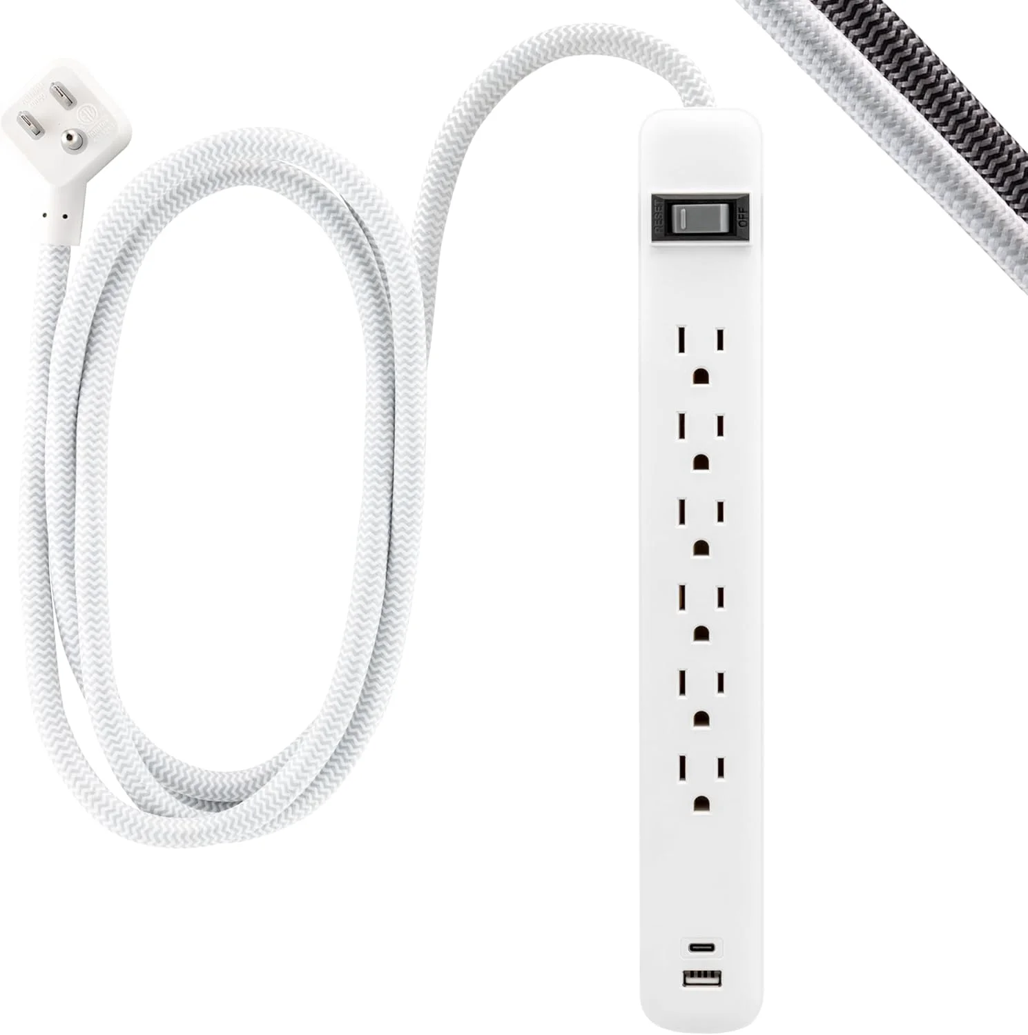 محافظ برق 6 خروجی GE با USB، دارای 1 پورت USB-A و 1 پورت USB-C، افزایش دهنده پریز، سیم افزایش طول بافته شده 6 فوتی، دوشاخه تخت، ایستگاه شارژ، سفید، 82594