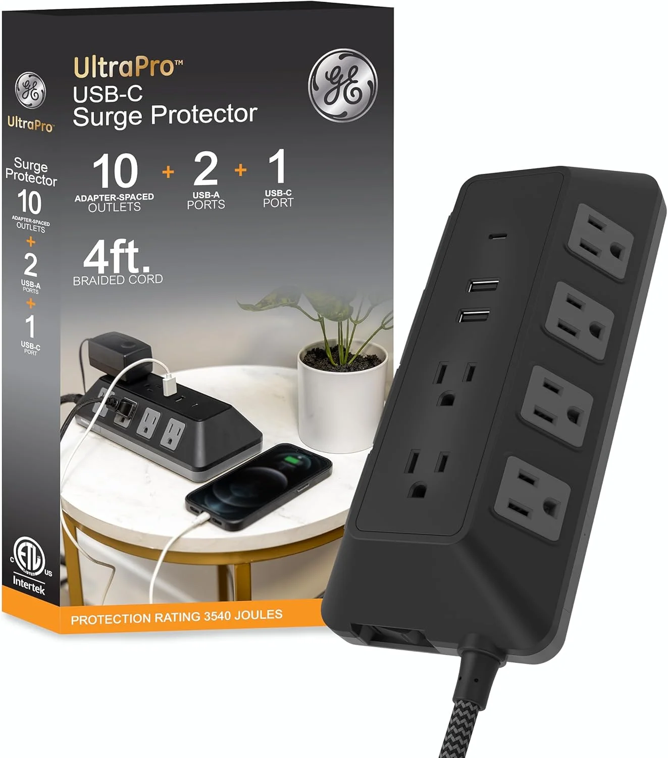 محافظ برق 10 پورت UltraPro GE با پورت‌های USB، یک پورت USB-C، 15 وات، 2 پورت USB-A، 12 وات، سیم بافته 4 فوتی، محافظ برق مدل 74763