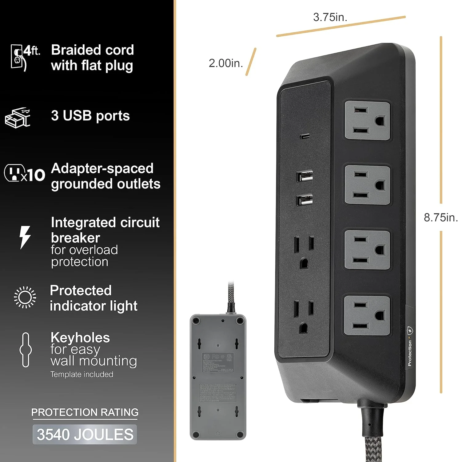 محافظ برق 10 پورت UltraPro GE با پورت‌های USB، یک پورت USB-C، 15 وات، 2 پورت USB-A، 12 وات، سیم بافته 4 فوتی، محافظ برق مدل 74763