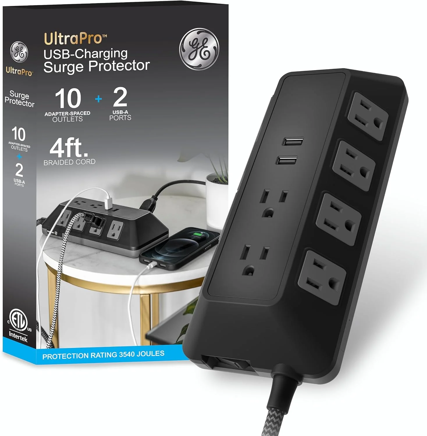 محافظ برق 10 پریز UltraPro جنرال الکتریک با پورت USB، 2 پورت USB-A، 2.4 آمپر، 12 وات، سیم بافته شده 1.2 متری، محافظ برق 3540 ژول، مشکی، 73775