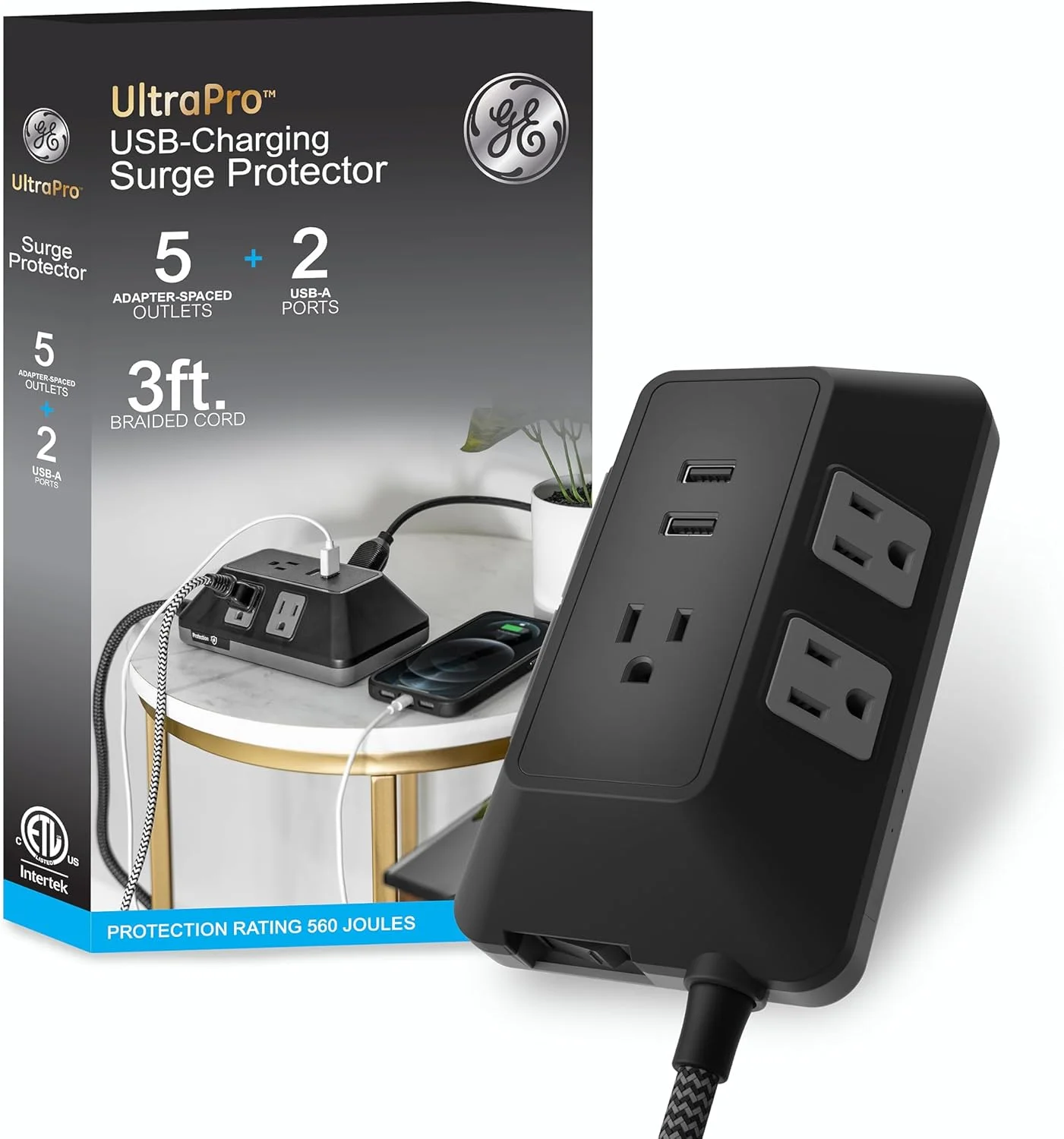 محافظ برق 5 پریز UltraPro Adapt جنرال الکتریک با پورت USB، 2 پورت USB-A، 2.4 آمپر، کابل بافته شده 3 فوتی، 1780 ژول، مشکی، 73777
