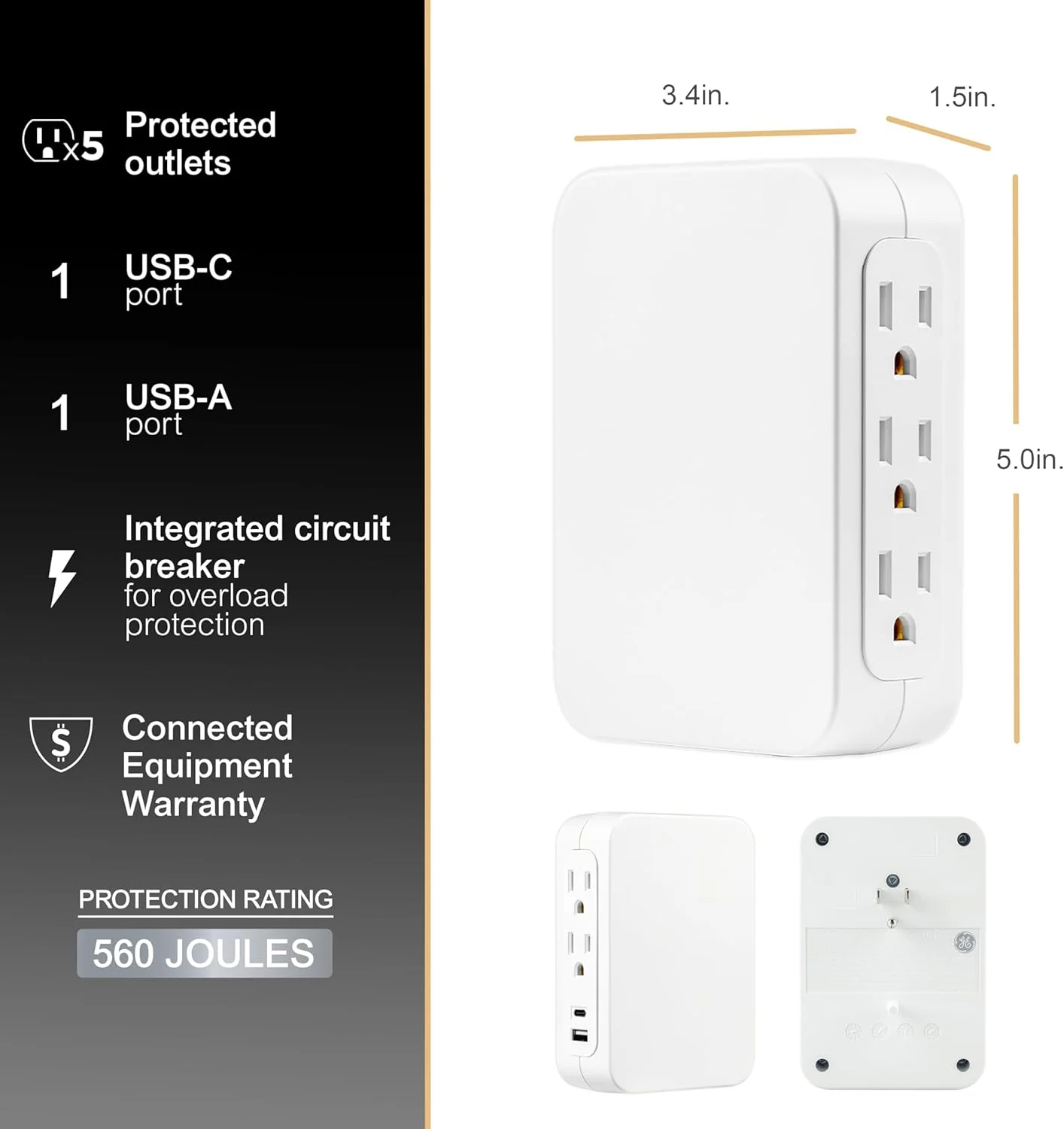 تبدیل کننده 5 پریز برق GE-UltraPro با دسترسی جانبی، محافظ برق دیواری با 1 پورت USB-A و 1 پورت USB-C، 3 شاخه، نصب ایمن، سفید، 83503