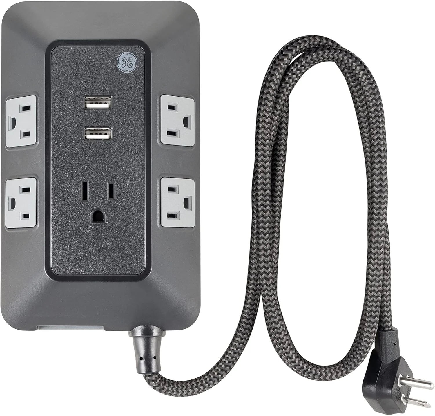 محافظ برق 5 پریز UltraPro Adapt جنرال الکتریک با پورت USB، 2 پورت USB-A، 2.4 آمپر، کابل بافته شده 3 فوتی، 1780 ژول، مشکی، 73777