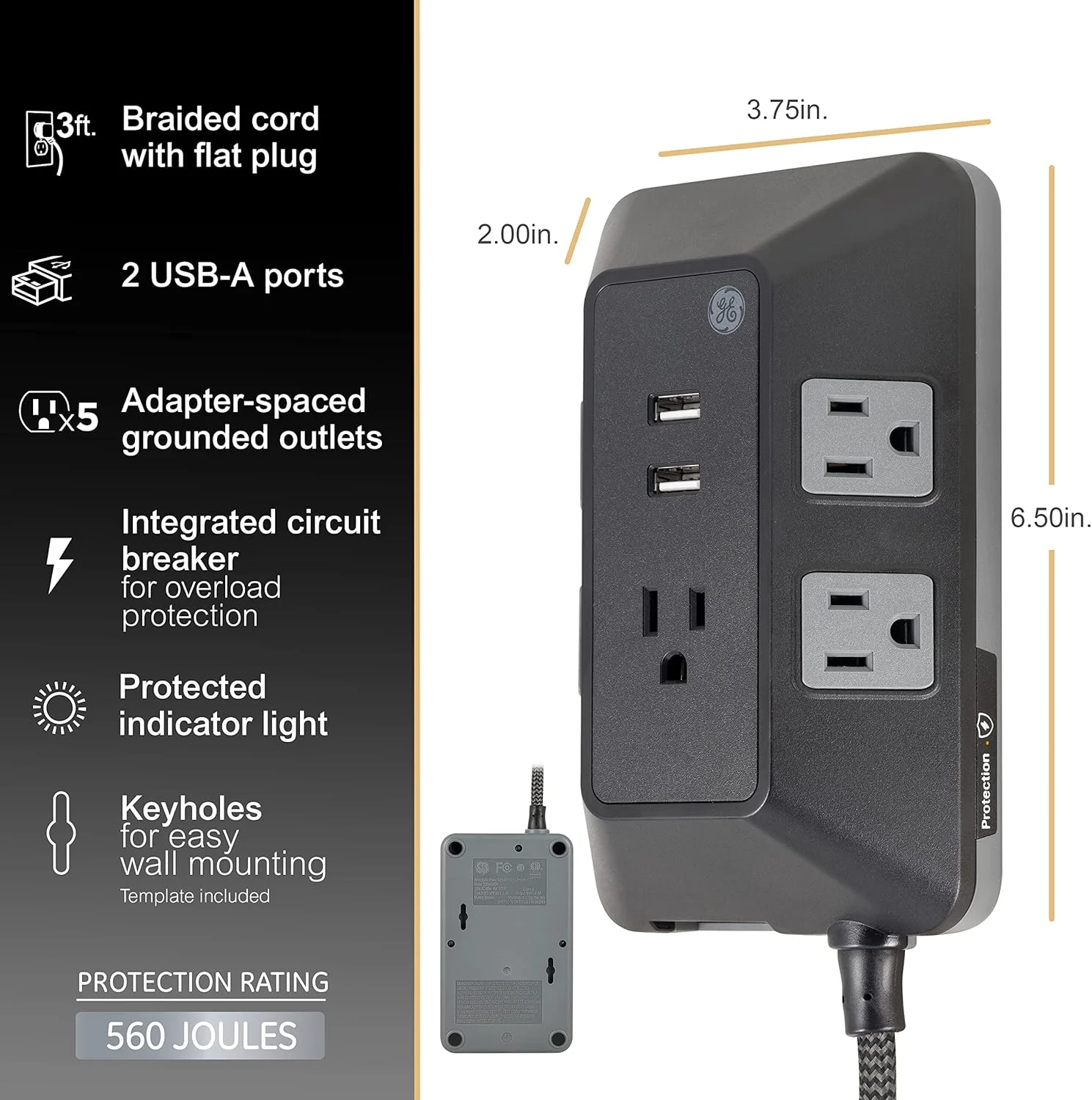 محافظ برق 5 پریز UltraPro Adapt جنرال الکتریک با پورت USB، 2 پورت USB-A، 2.4 آمپر، کابل بافته شده 3 فوتی، 1780 ژول، مشکی، 73777